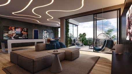 Salão de festas com vista para o mar do Amrita Apartments, em Porto Belo