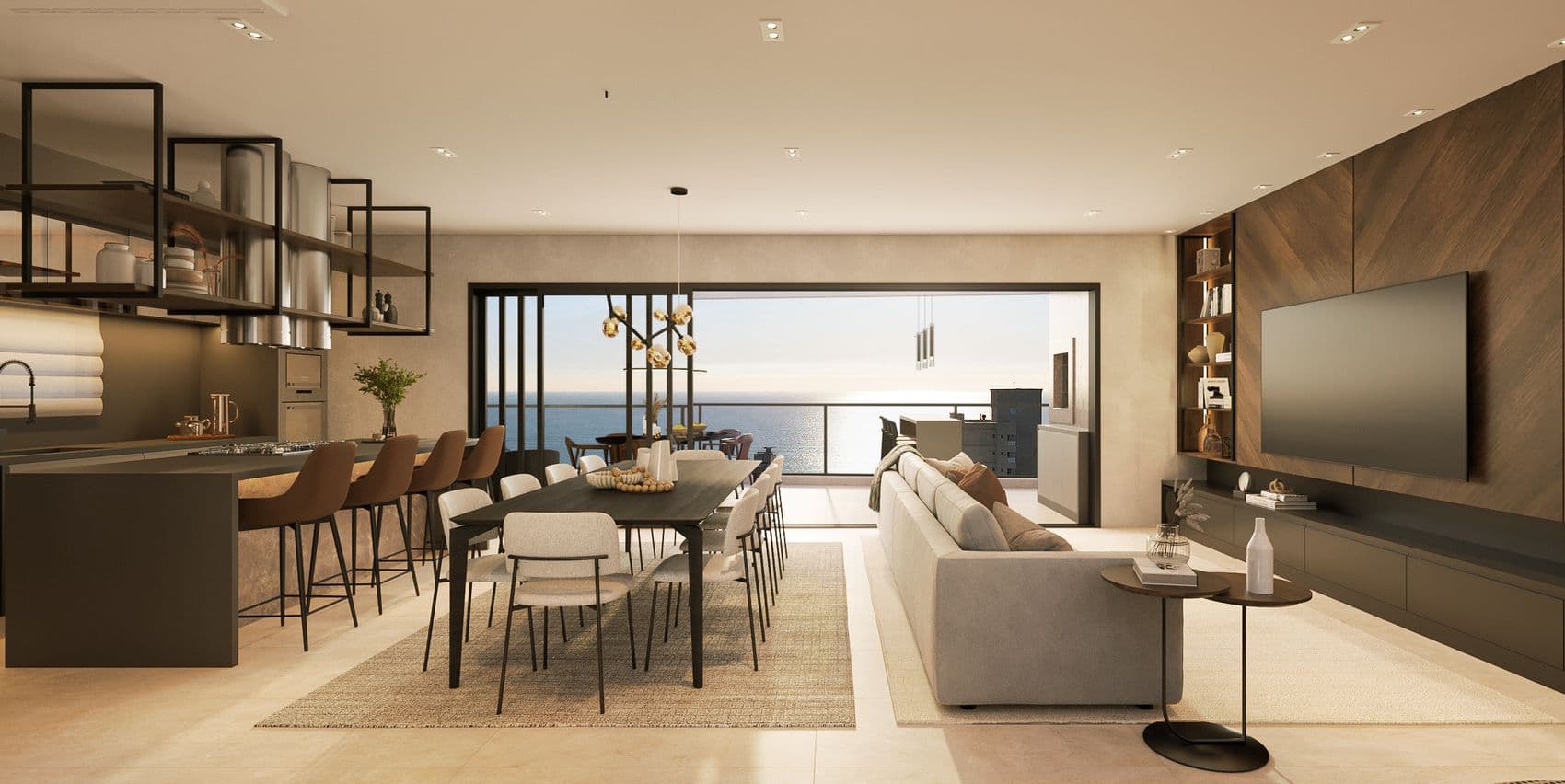 Living integrado de um apartamento do Arc de Lumière, na Meia Praia, Itapema