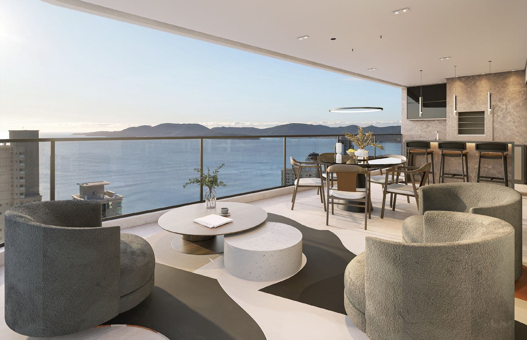 Sacada gourmet com vista para o mar de um apartamento do Arc de Lumière, na Meia Praia, Itapema