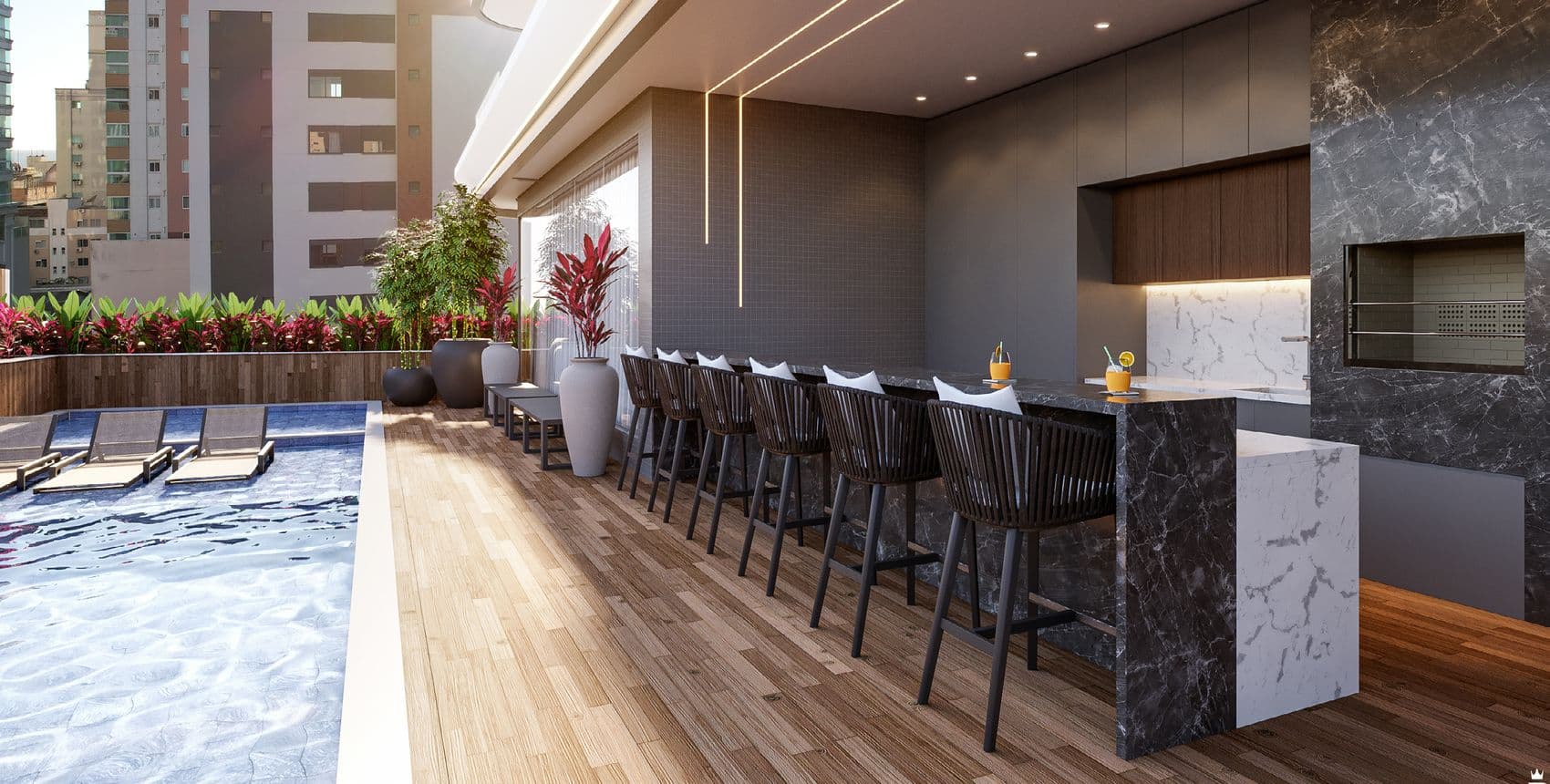 Espaço gourmet externo ao lado da piscina do Arc de Lumière, em Itapema