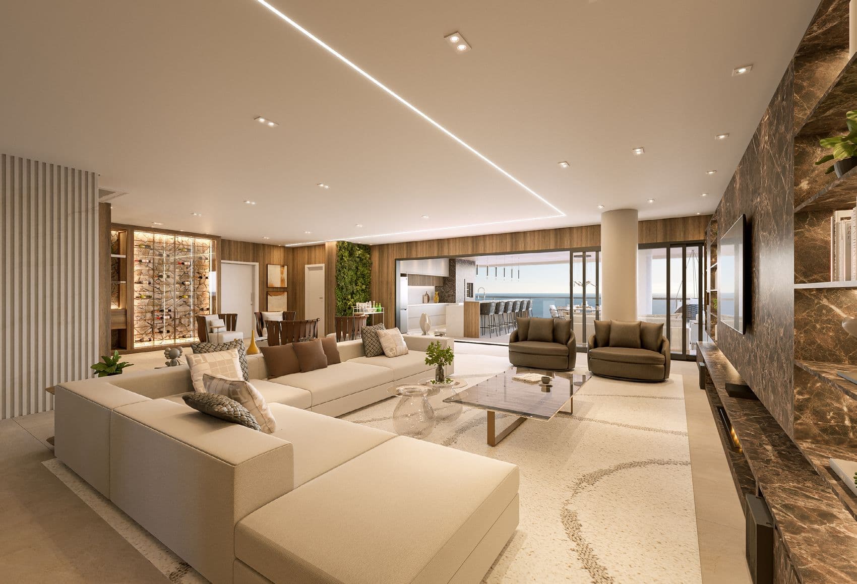 Living integrado de 98 m² da penthouse do Arc de Lumière, em Itapema