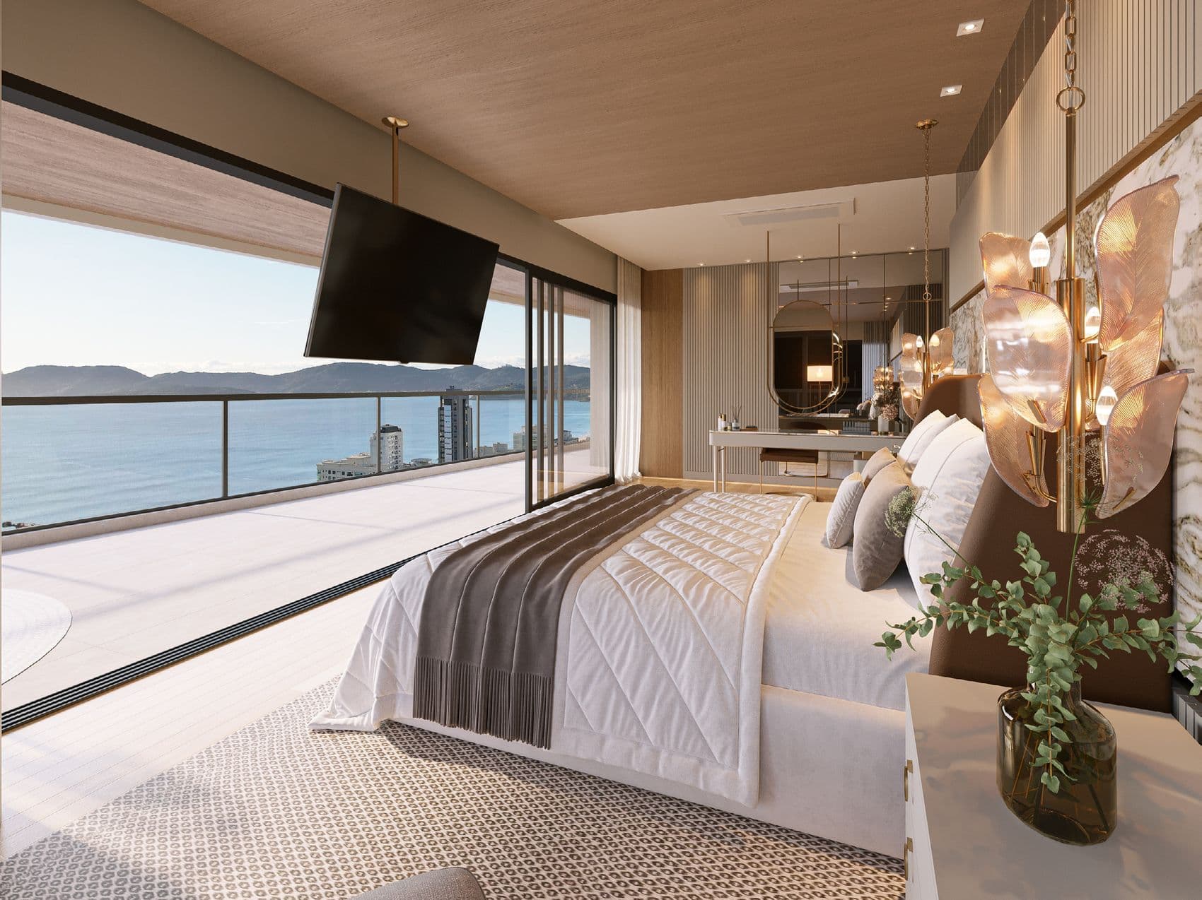 Suíte master da penthouse do Arc de Lumière, com vista para o mar da Meia Praia, Itapema