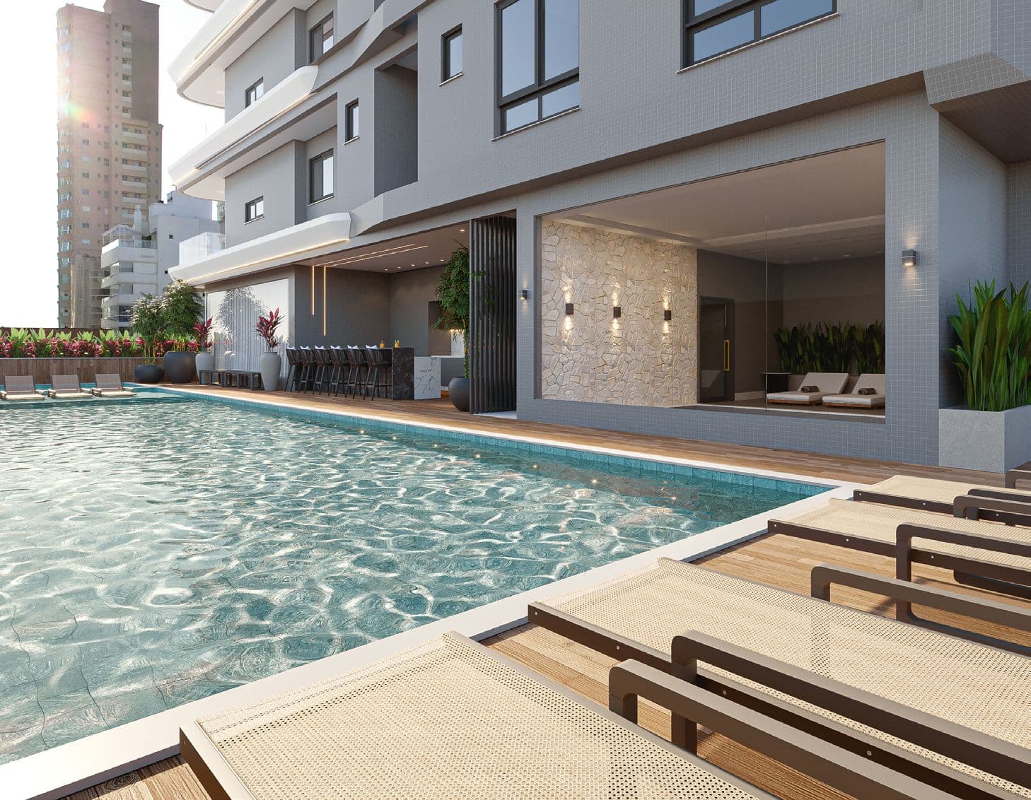 Deck da piscina do Arc de Lumière, em Itapema