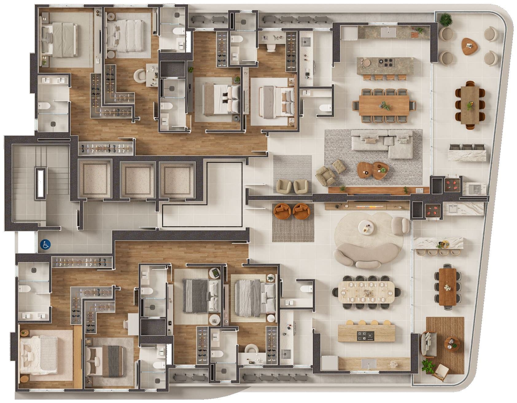 Planta do pavimento tipo do Arc de Lumière, com apartamentos de 205 e 210 m² e 4 suítes, na Meia Praia, Itapema