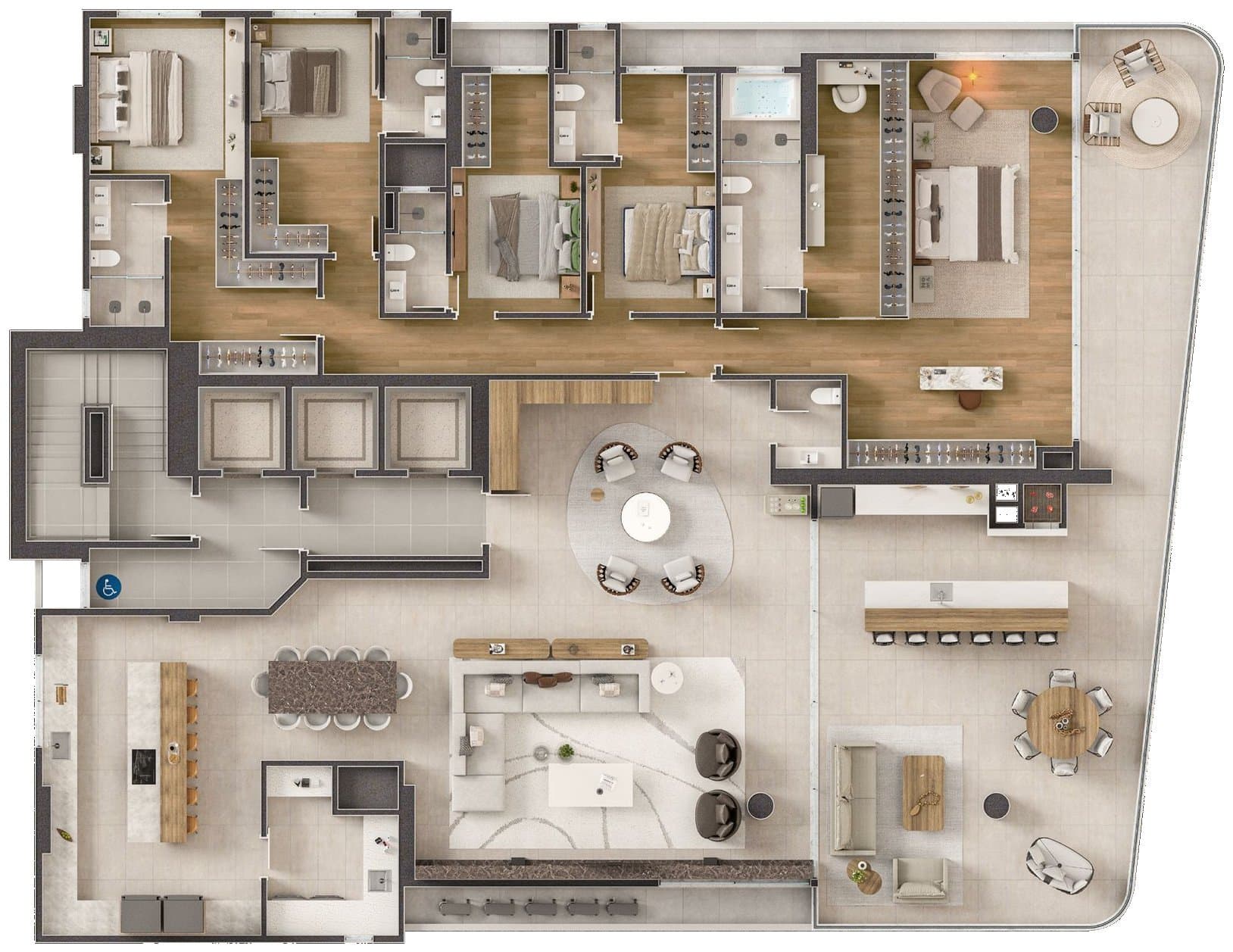 Planta da penthouse de 415 m² do Arc de Lumière, com 5 suítes, na Meia Praia, Itapema