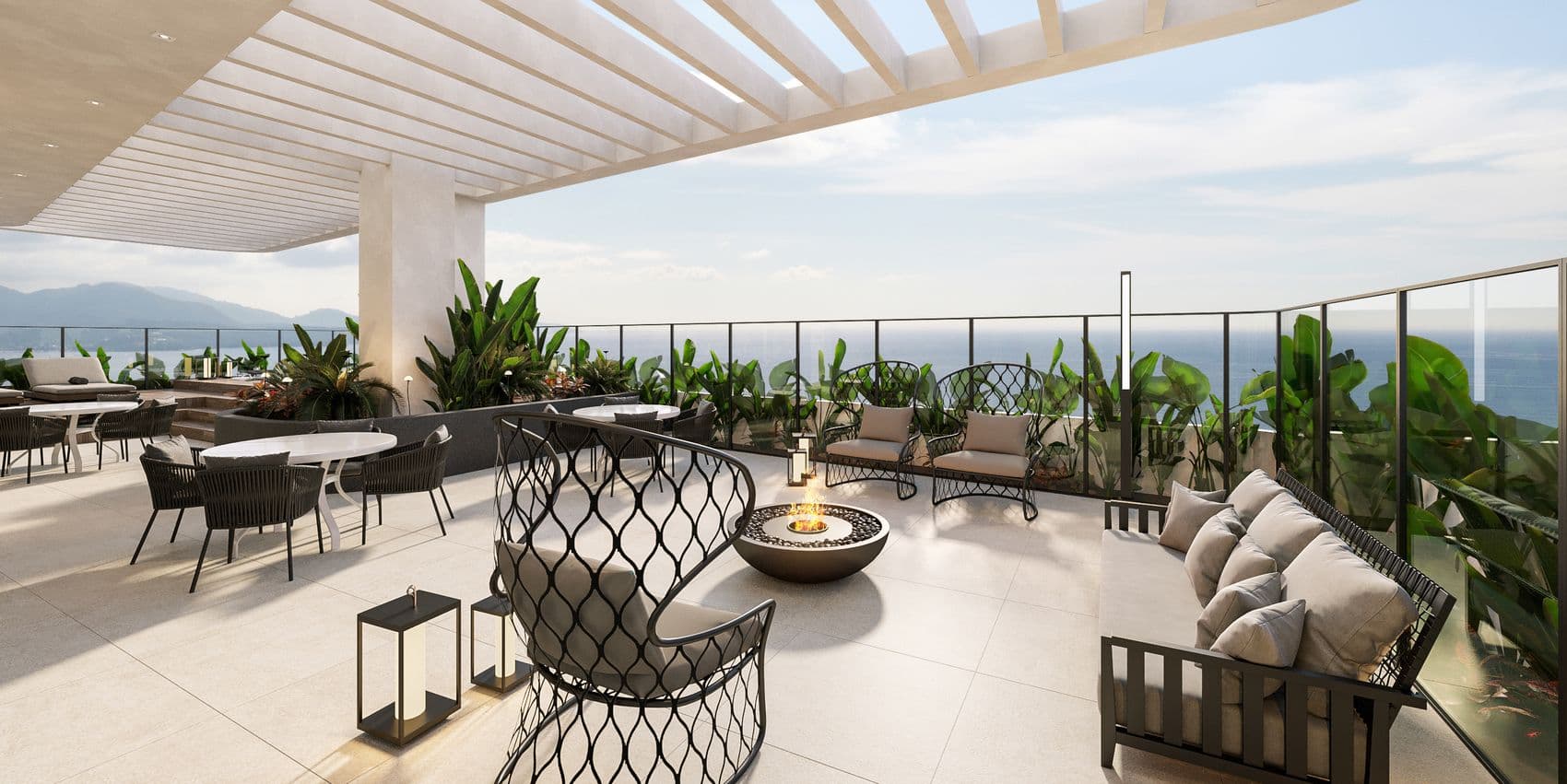 Terraço lounge no rooftop do Arc de Lumière, na Meia Praia, Itapema