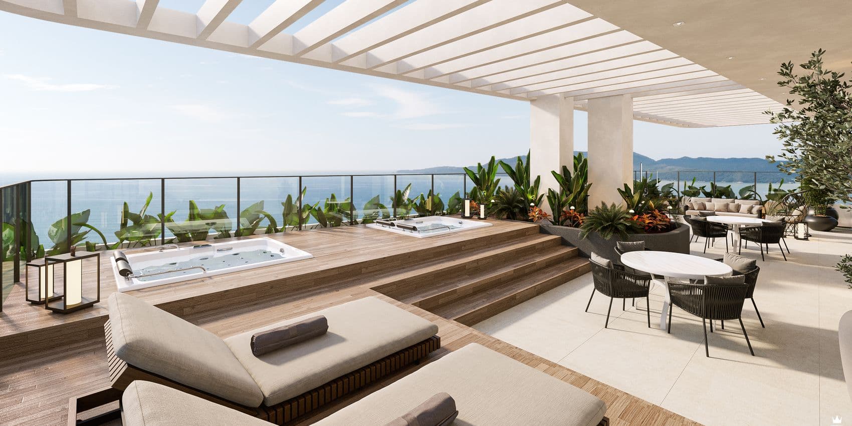 Terraço com hidromassagem no rooftop do Arc de Lumière, com vista para o mar de Itapema