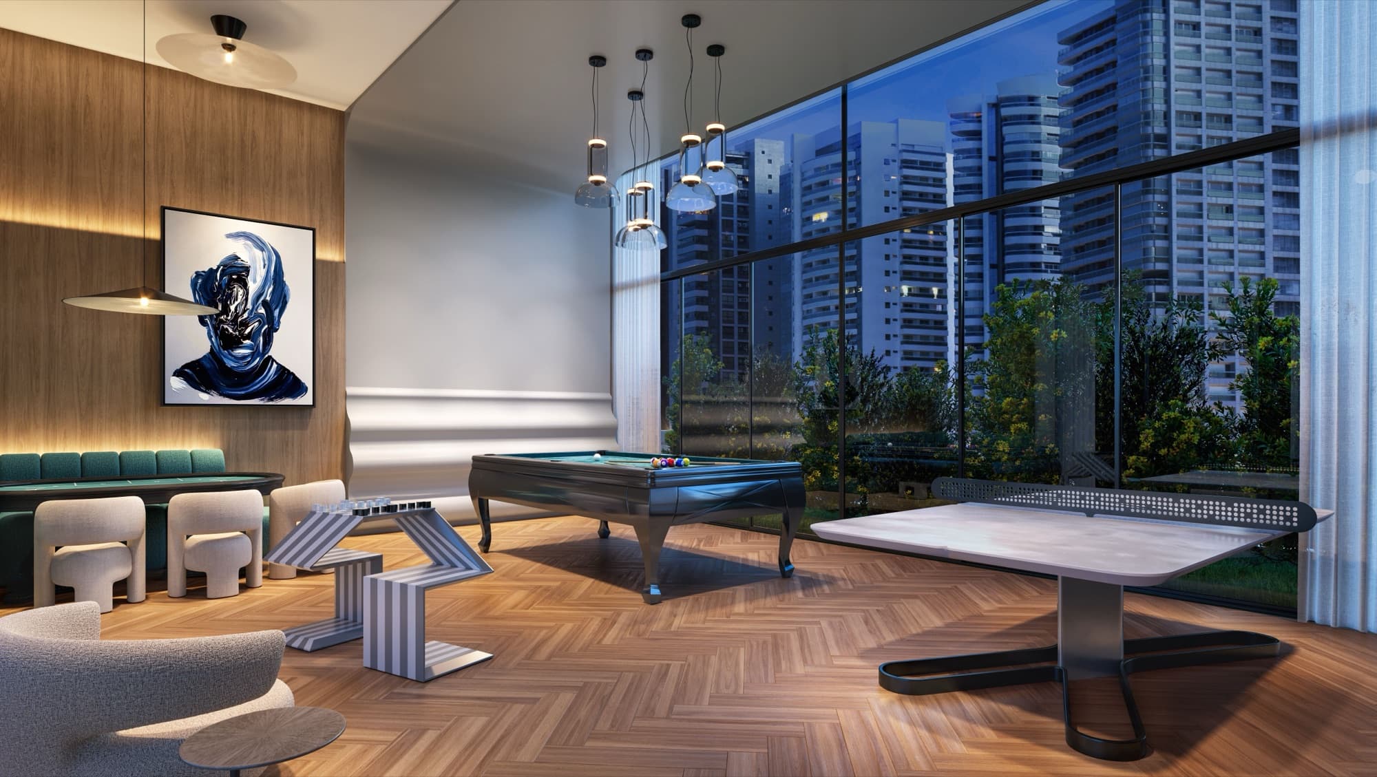 Sala de jogos do Blend no rooftop com sinuca, ping-pong e vista da cidade ao anoitecer