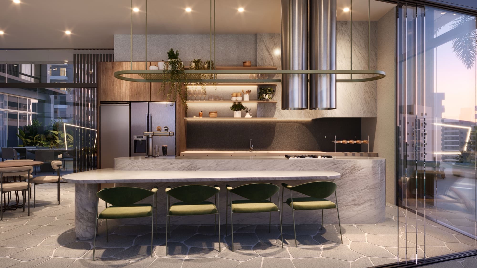 Espaço gourmet do Blend com ilha de mármore, chopeira e vista da cidade