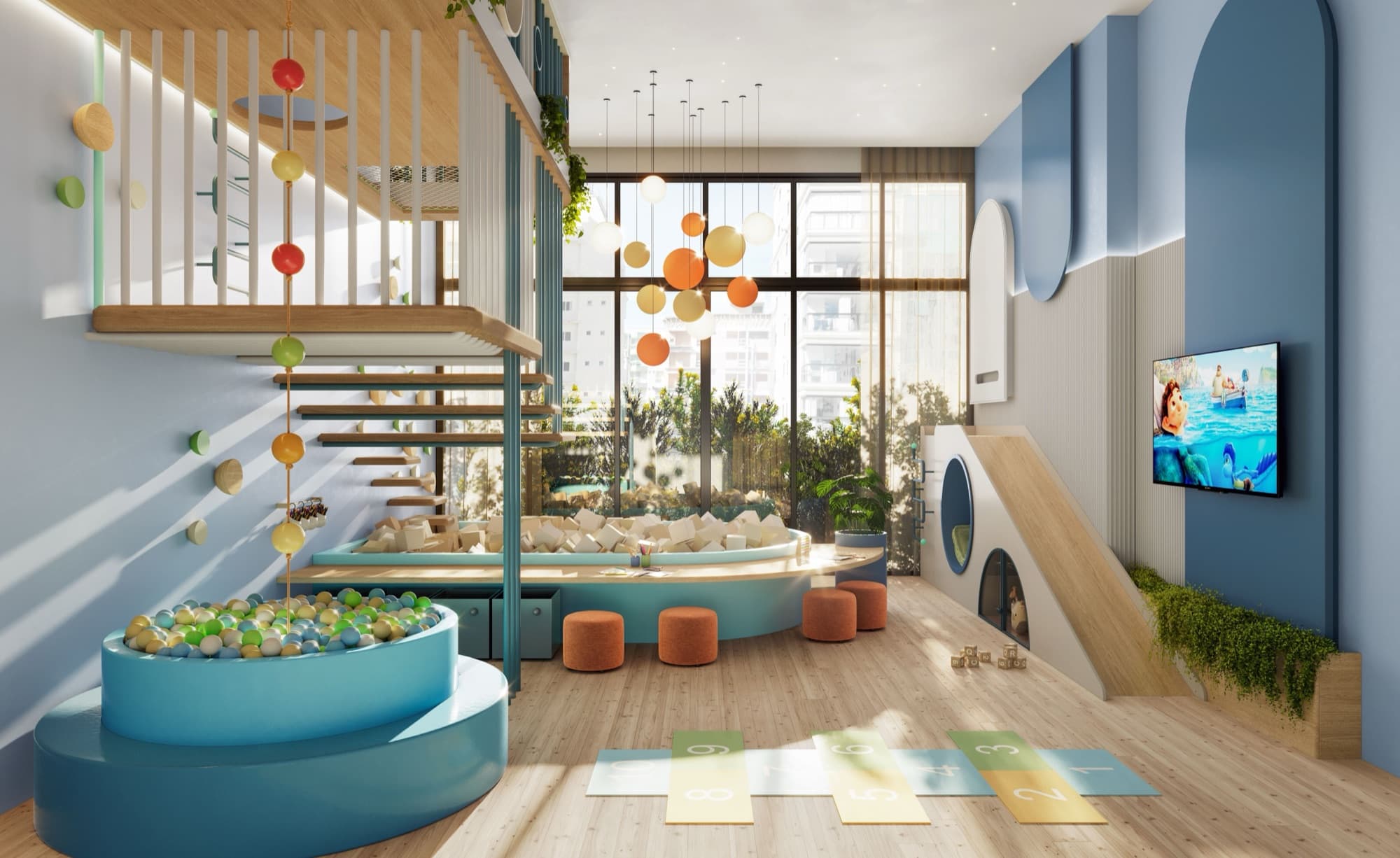 Brinquedoteca e kids space do Blend, colorida e com piscina de bolinhas