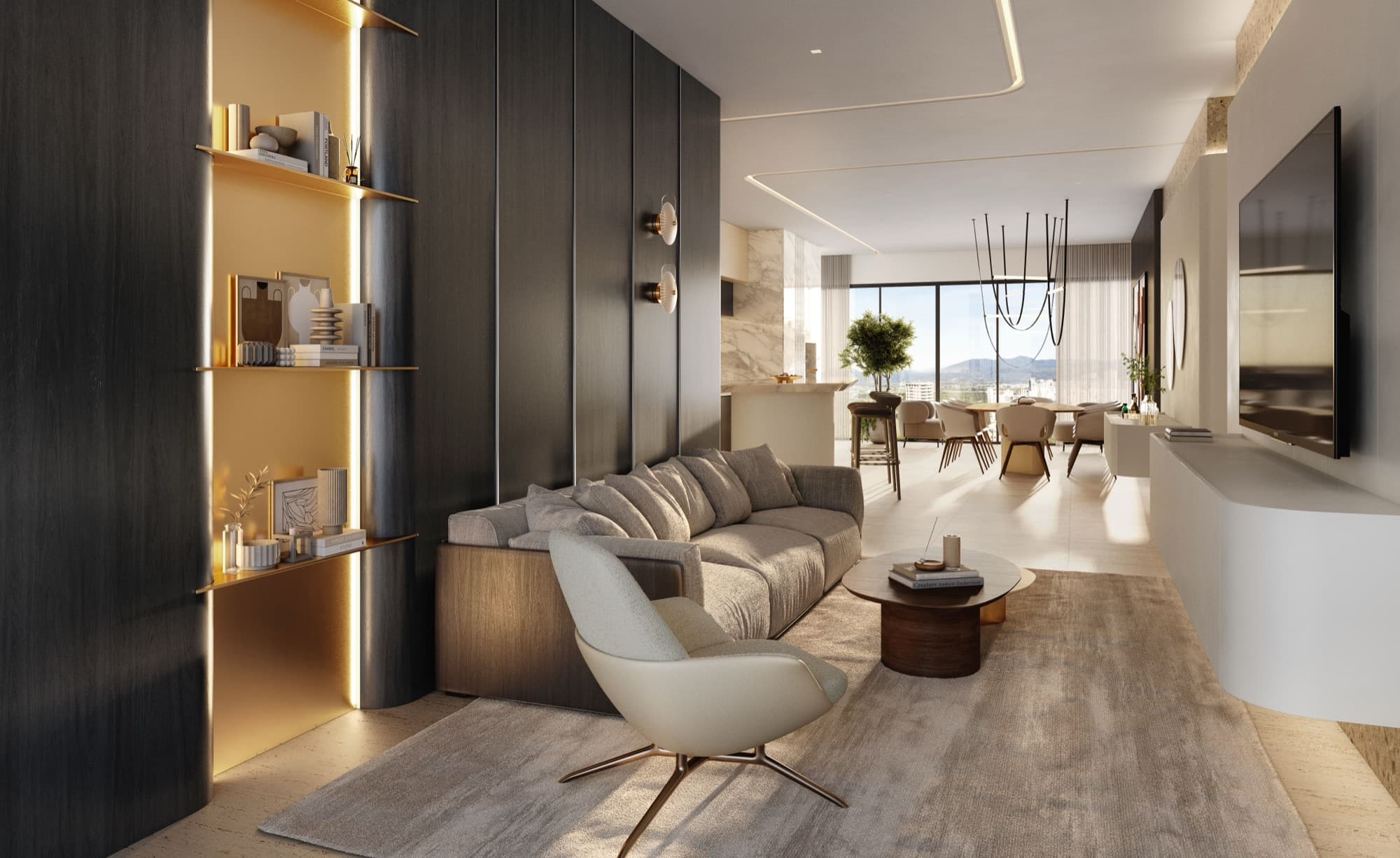 Living integrado de apartamento do Blend com luz natural e vista para as montanhas