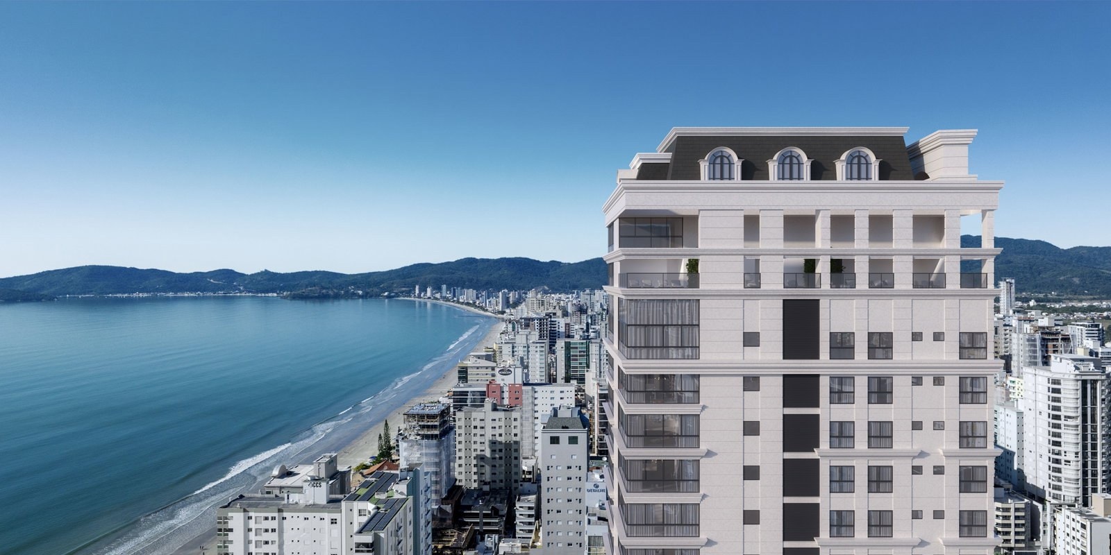Torre do Bristol Residence na quadra do mar, com a orla de Meia Praia ao fundo, em Itapema