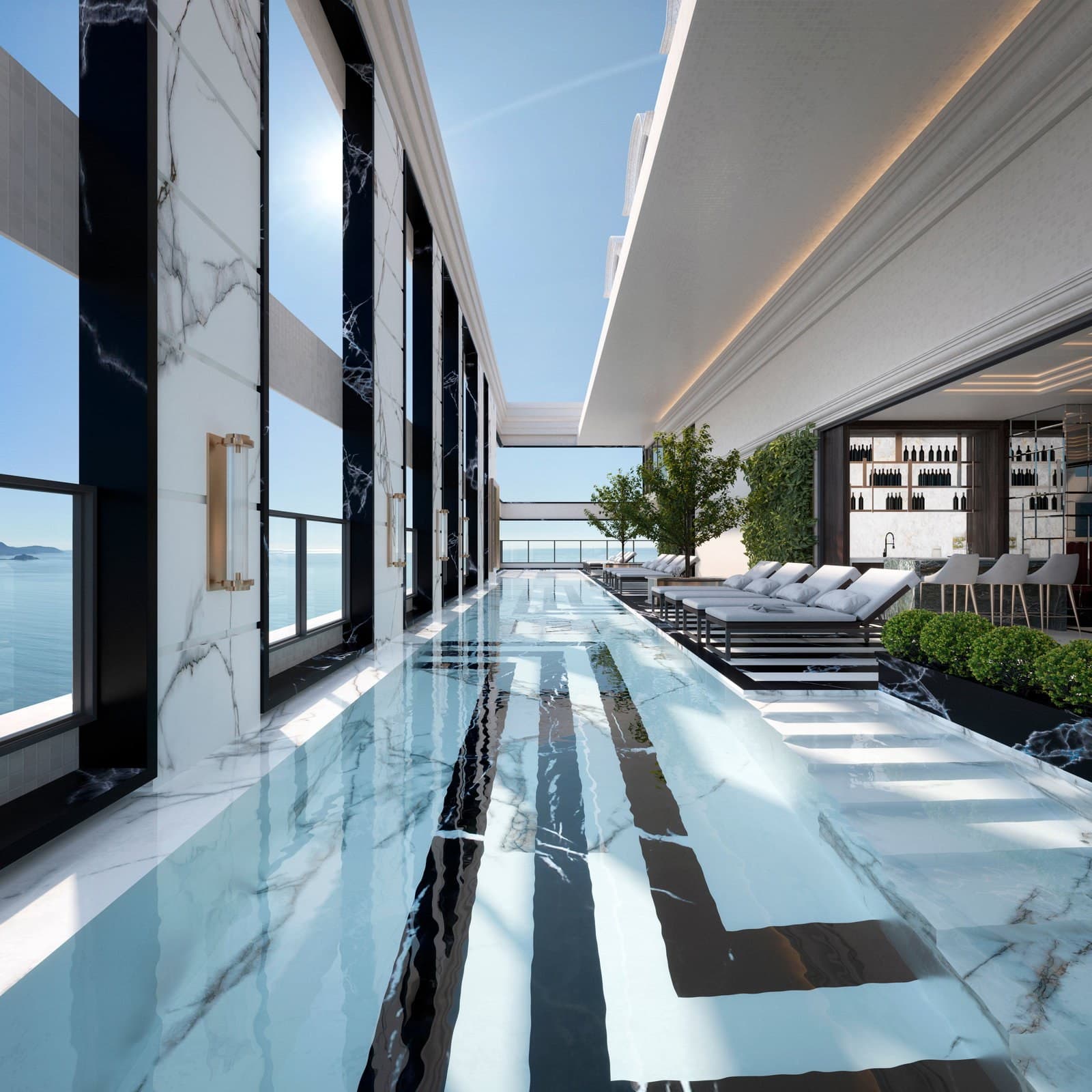 Piscina coberta revestida em mármore do Bristol Residence, em Meia Praia