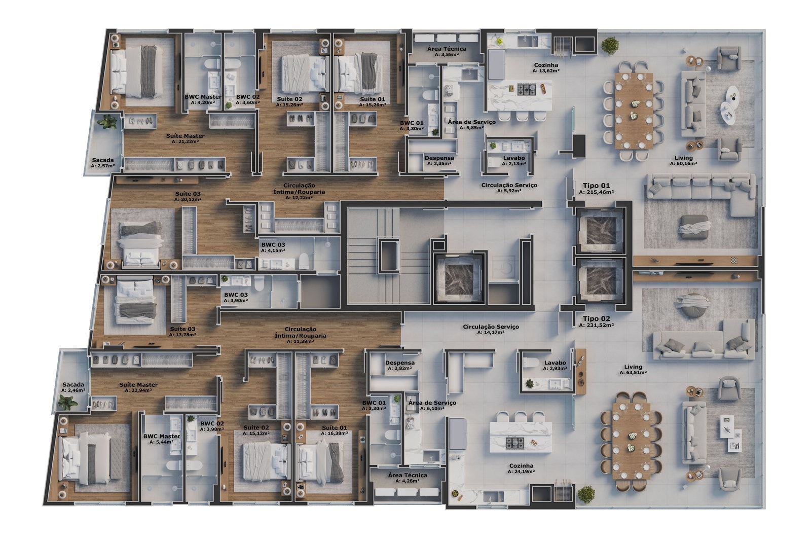 Planta do pavimento tipo do Bristol Residence, com dois apartamentos de 4 suítes por andar