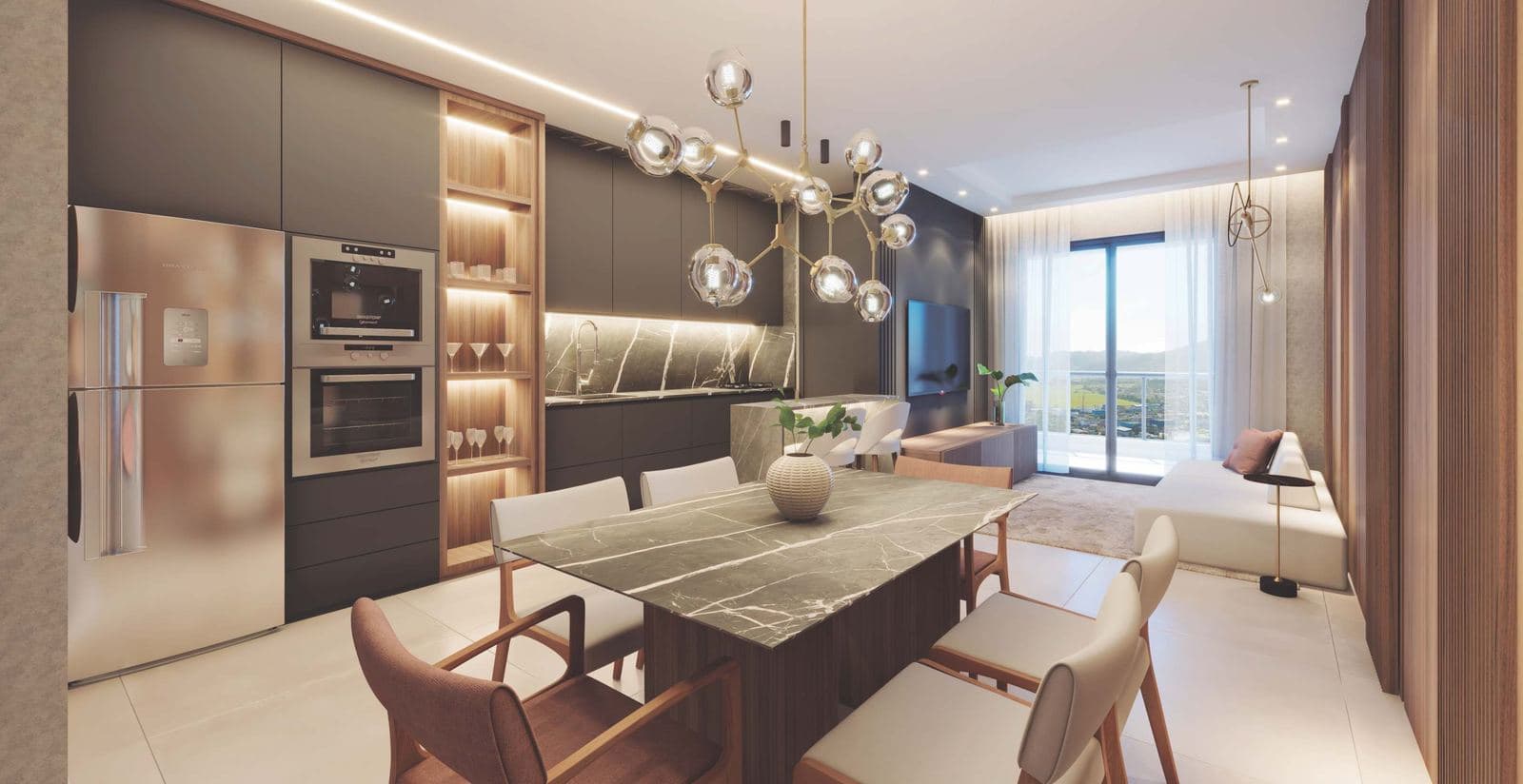 Living integrado à cozinha de um apartamento do Bruxelas Residence, em Itapema