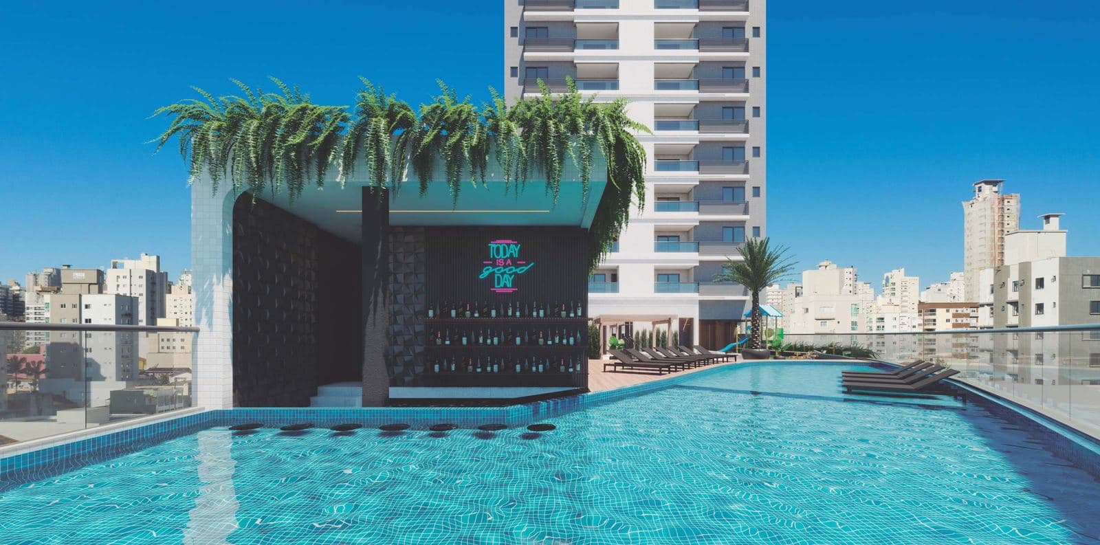 Piscina adulto e infantil do Bruxelas Residence, na Meia Praia, Itapema