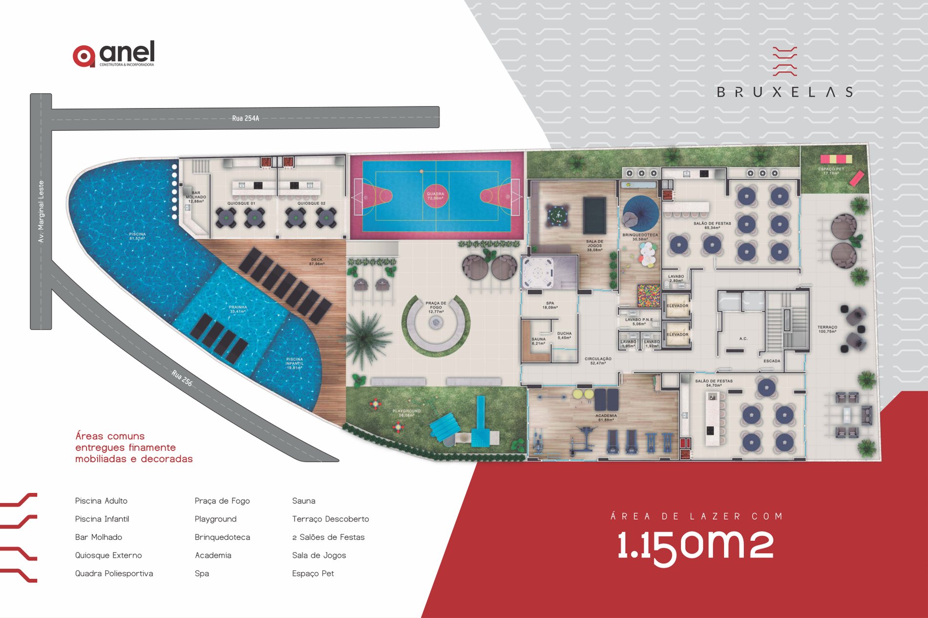 Planta dos 1.150 m² de área de lazer do Bruxelas Residence, em Meia Praia, Itapema
