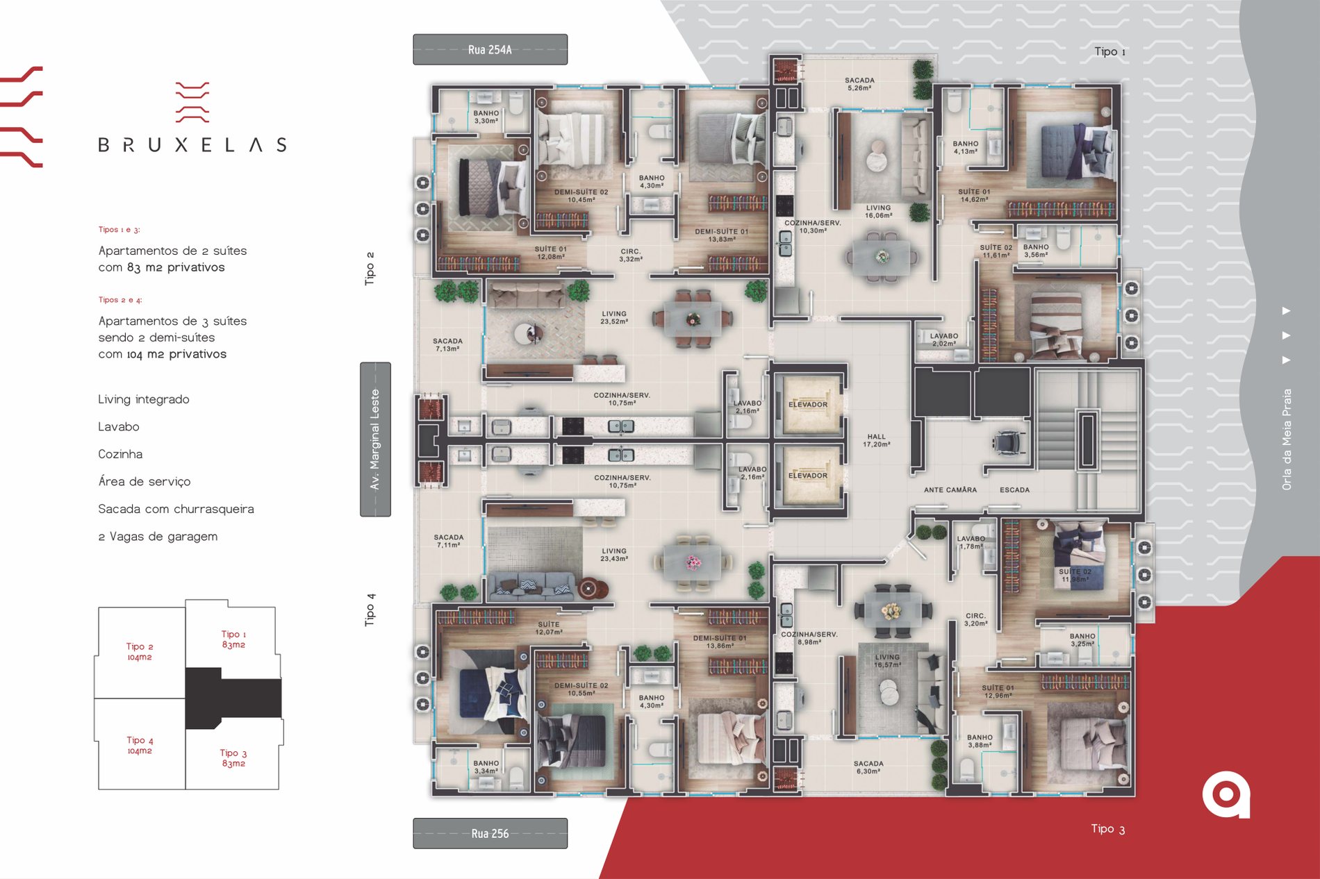 Plantas dos apartamentos do Bruxelas Residence, de 83 m² e 104 m², em Meia Praia, Itapema