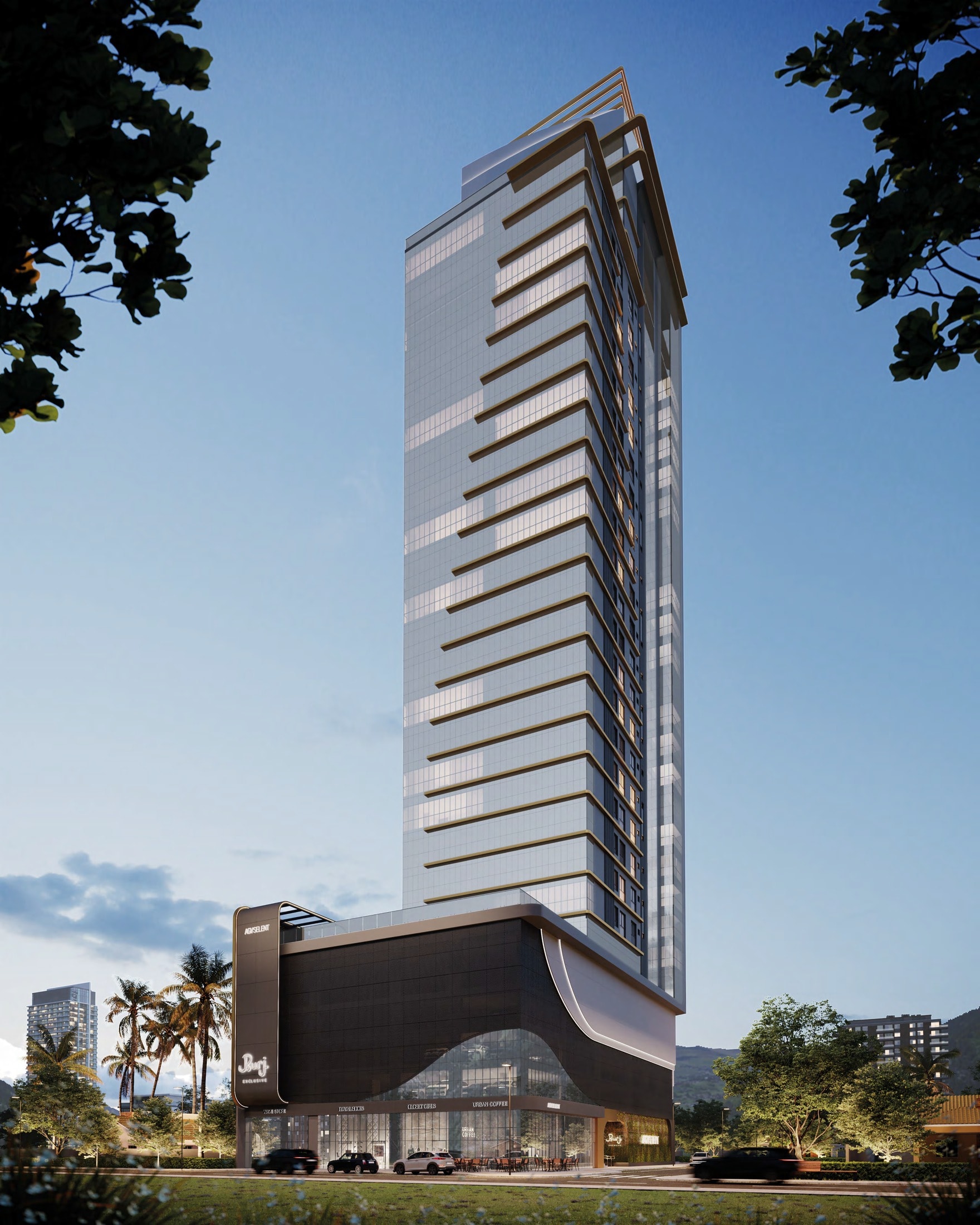Torre do Burj Exclusive Residence vista da rua, no Balneário Perequê, Porto Belo