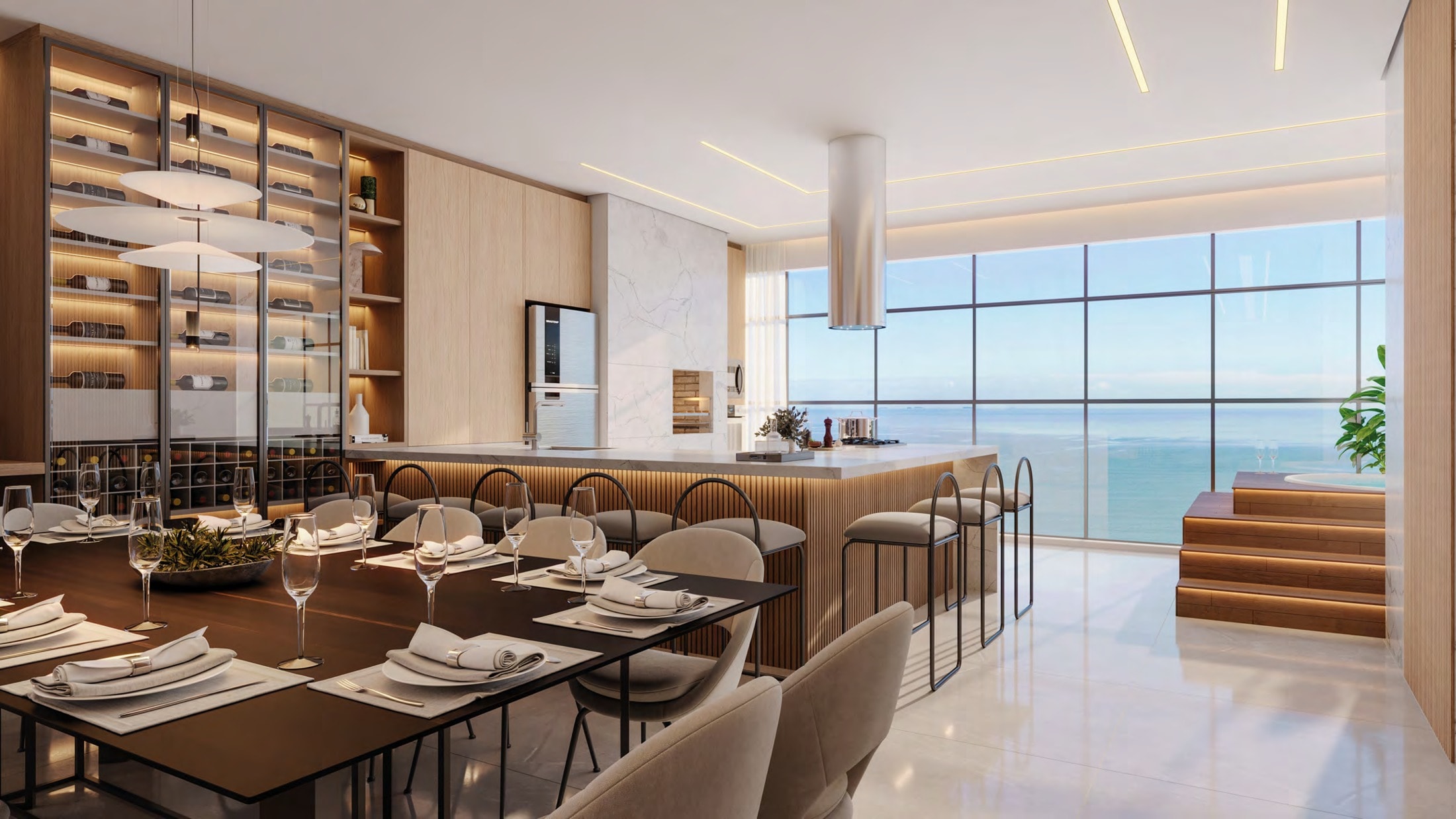 Living e sala de jantar de apartamento do Burj Exclusive Residence, em Porto Belo