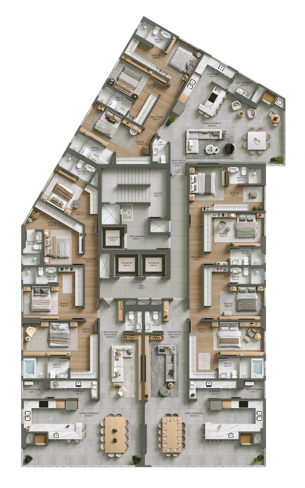 Planta do pavimento tipo do Burj Exclusive Residence, com três apartamentos por andar