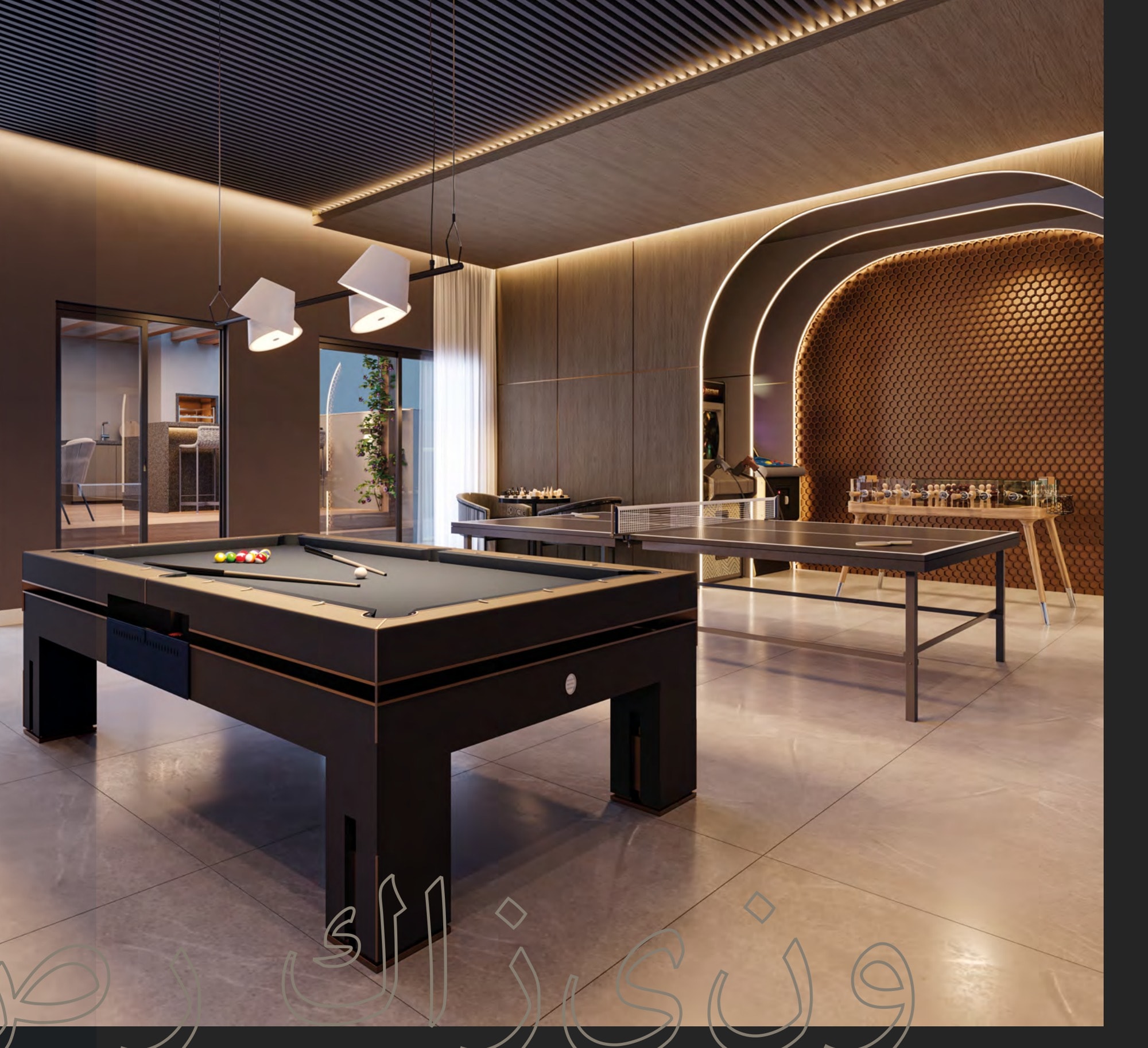 Sala de jogos com sinuca do Burj Exclusive Residence, em Porto Belo