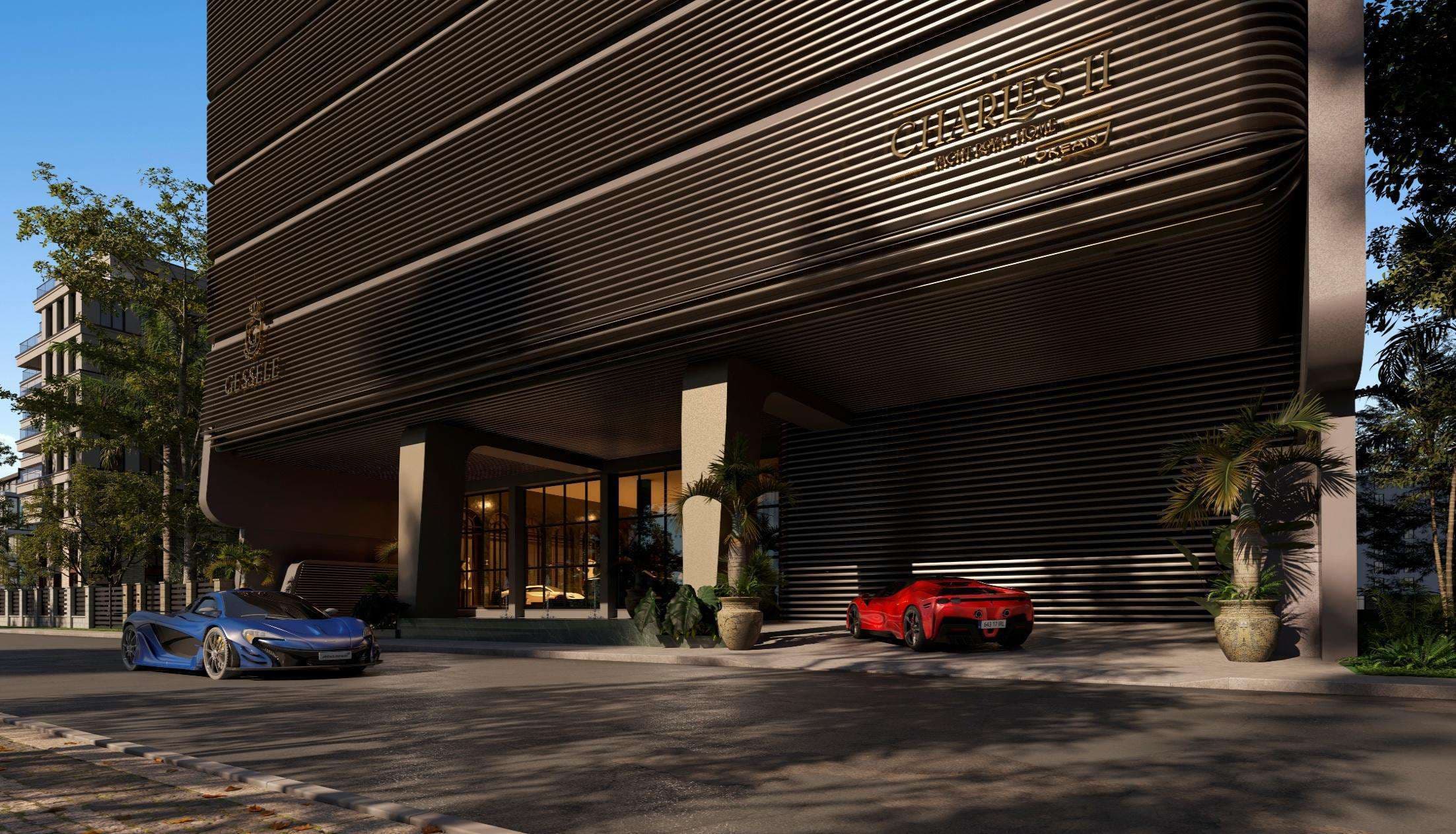 Fachada do Charles II Yacht Royal Home com porte cochère, ribbed bronze e supercarros — entrada principal em Meia Praia, Itapema