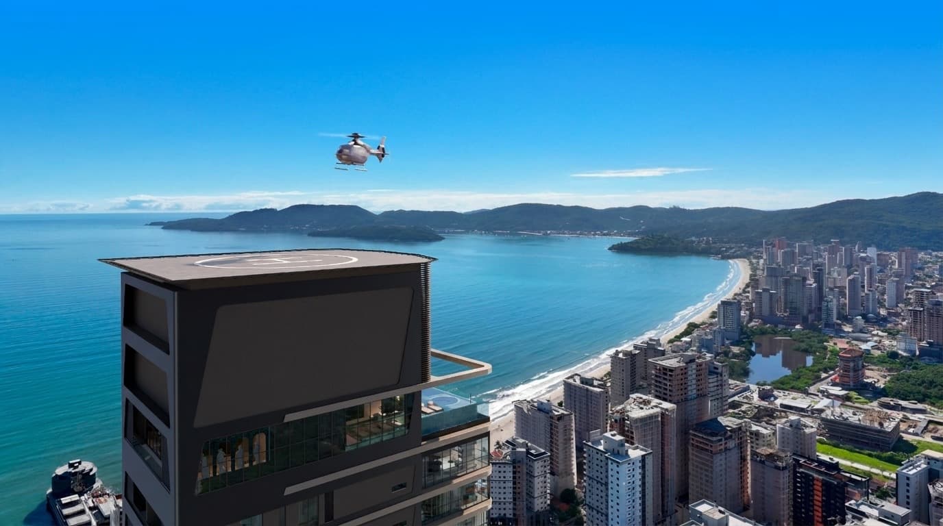 Heliponto homologado no topo do Charles II Yacht Royal Home com helicóptero sobrevoando a torre e vista da praia de Itapema