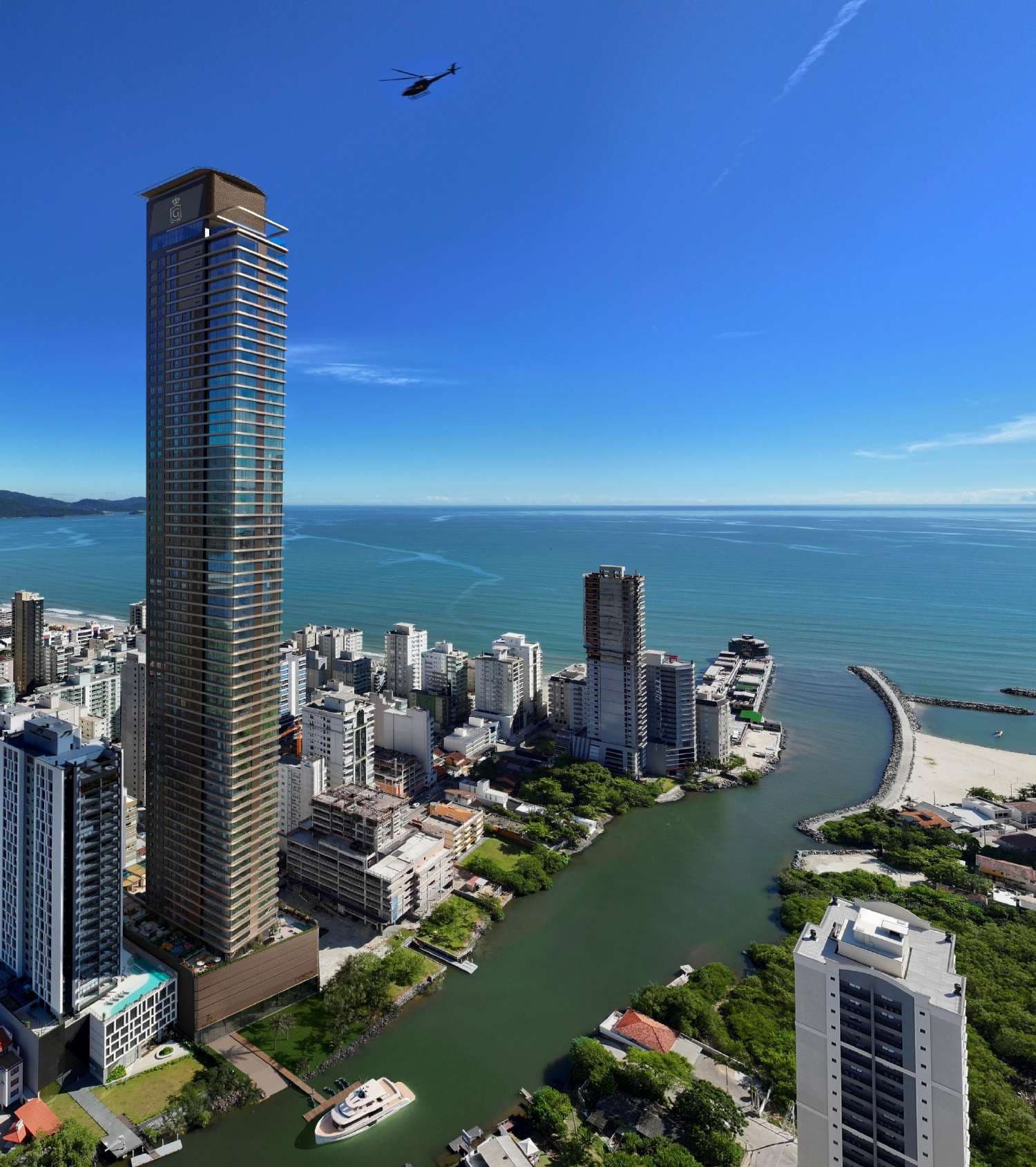 Charles II Yacht Royal Home no skyline de Meia Praia, Itapema/SC — torre imponente com canal navegável, yacht atracado, mar aberto e serra ao fundo