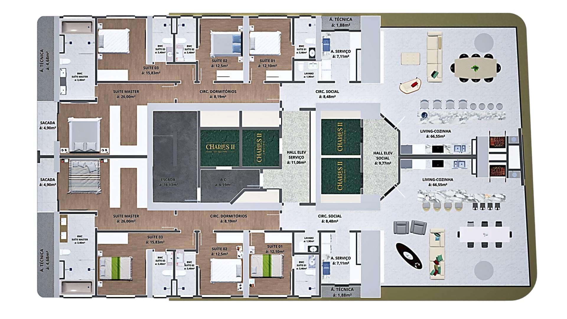 Planta do apartamento tipo do Charles II Yacht Royal Home — 4 suítes, 3 vagas, 219 a 223 m²