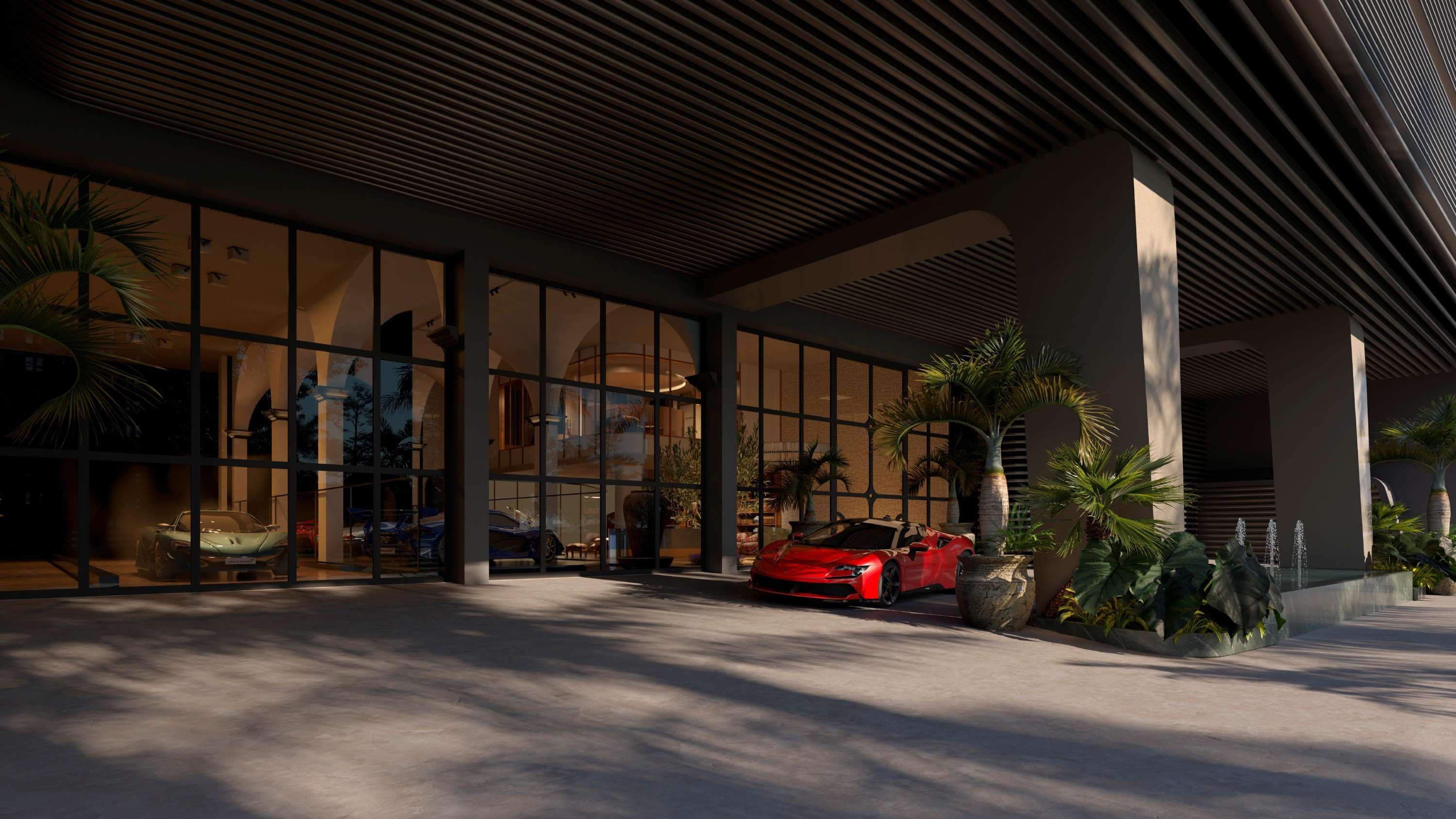 Royal Garage do Charles II Yacht Royal Home com vidros expostos e supercarro estacionado como obra de arte