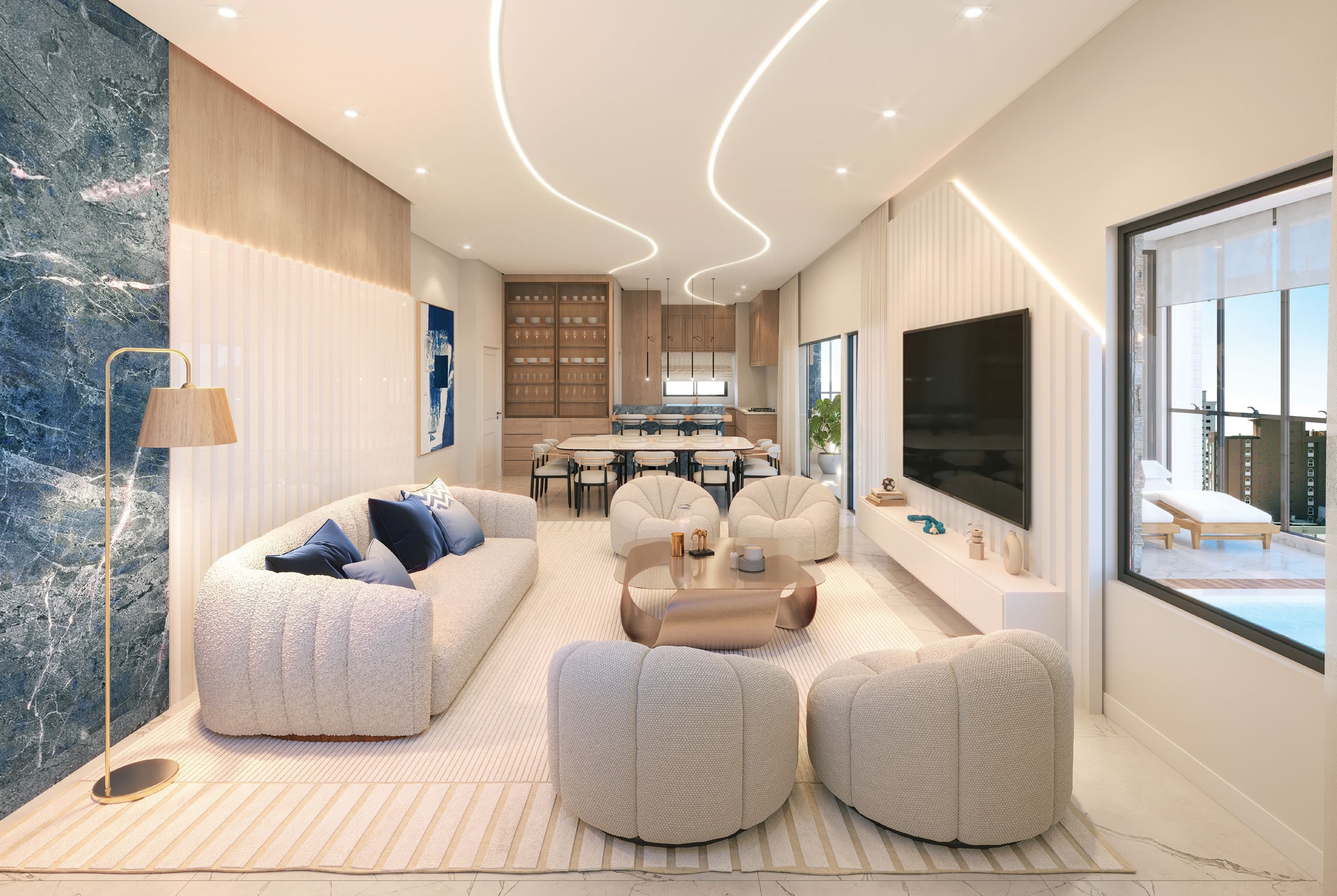 Living integrado da cobertura do Coração do Oceano, com 45,20 m² e parede em mármore