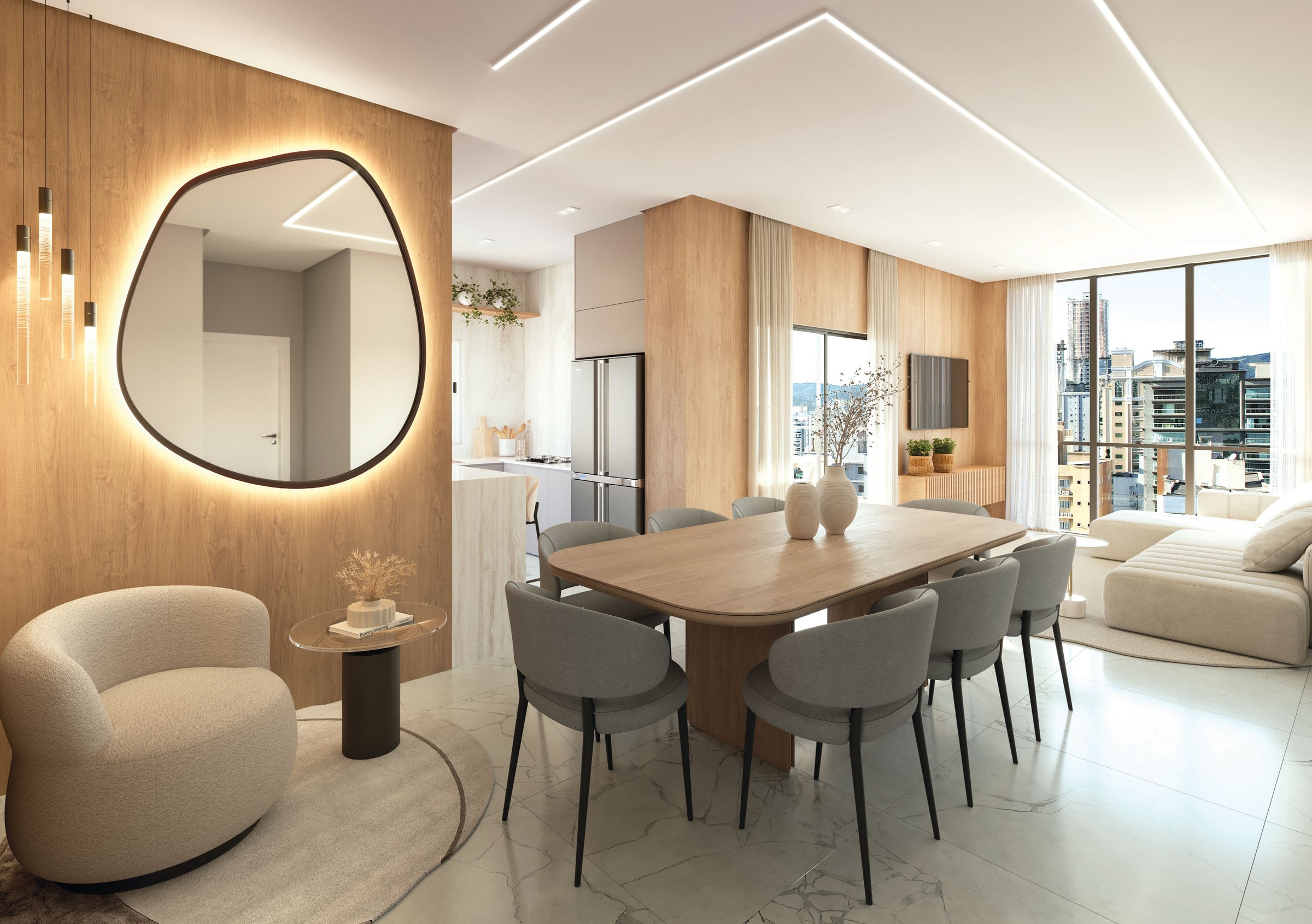 Living do apartamento tipo 01 do Coração do Oceano, com 30 m² e sacada integrada