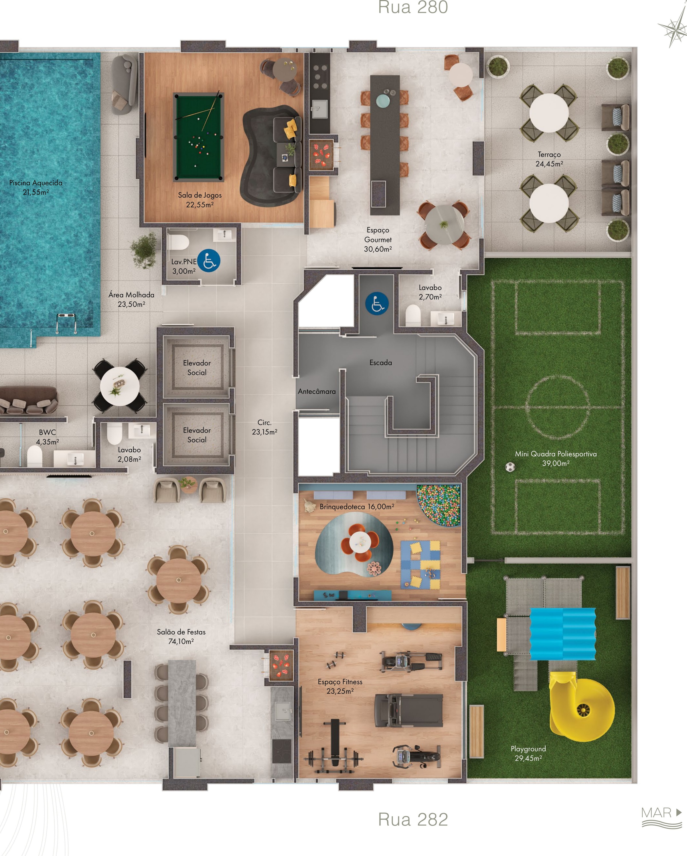 Planta da área de lazer do Coração do Oceano, com piscina aquecida, salão de festas, mini quadra e playground entre a Rua 280 e a Rua 282