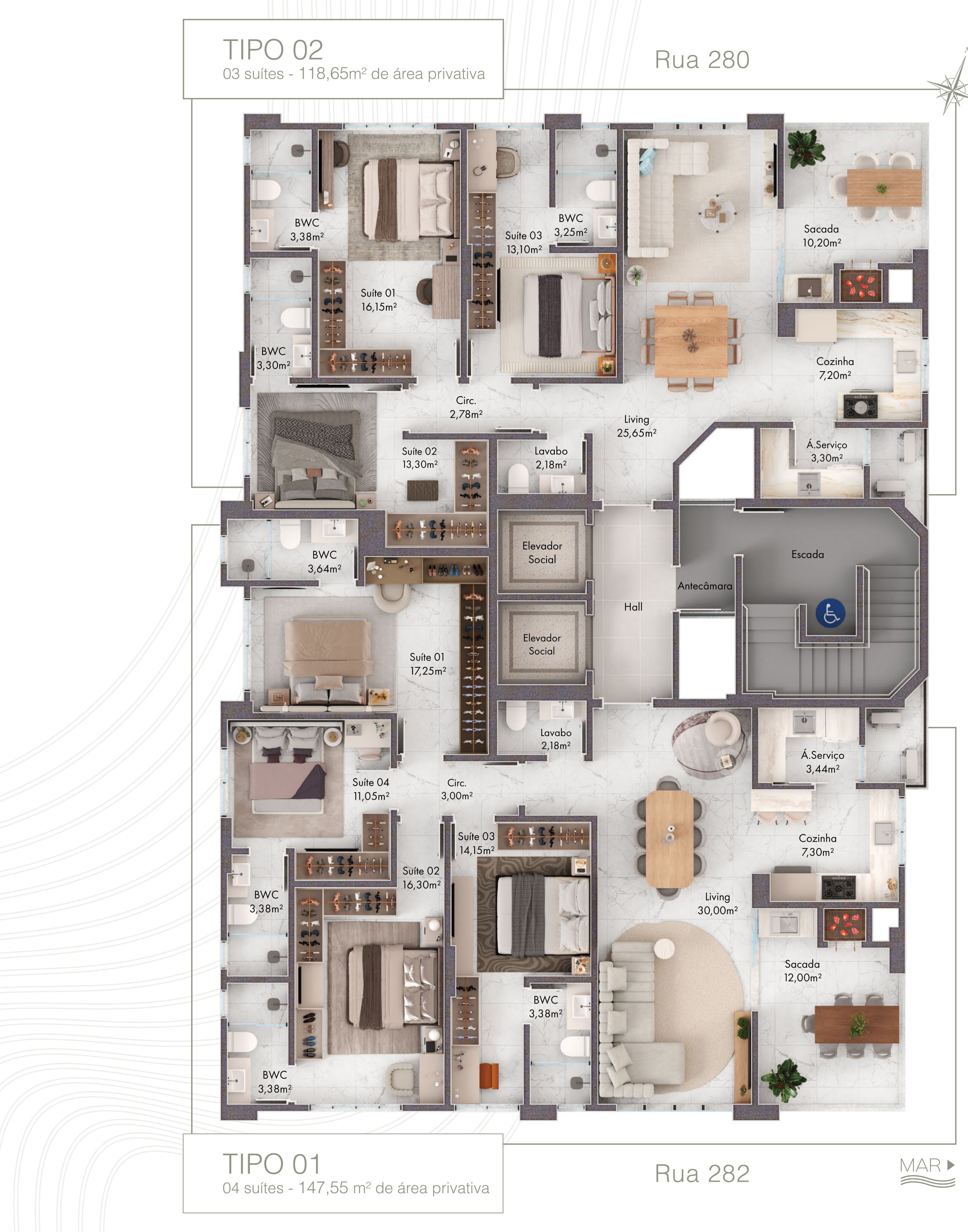 Planta do pavimento do Coração do Oceano: tipo 02 de 118,65 m² com três suítes voltado para a Rua 280 e tipo 01 de 147,55 m² com quatro suítes voltado para a Rua 282