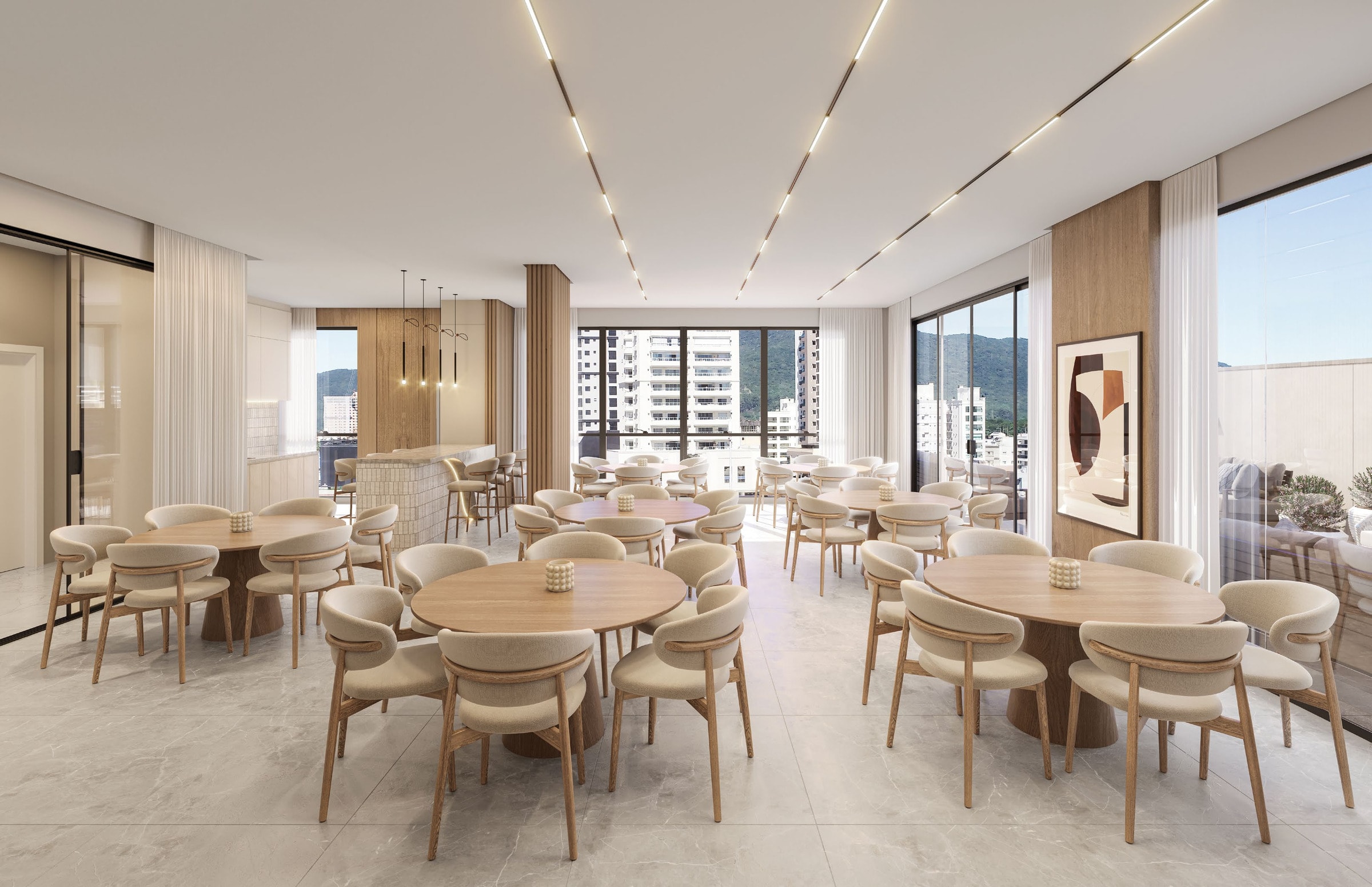Salão de festas de 74,10 m² do Coração do Oceano, mobiliado e decorado