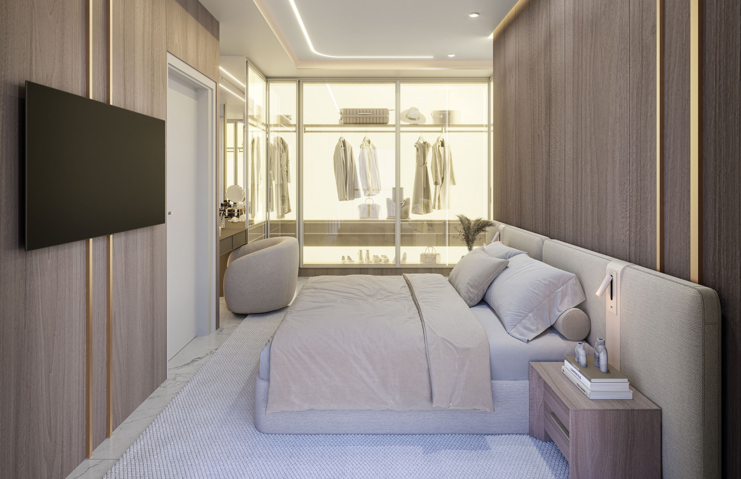 Suíte do apartamento tipo 01 do Coração do Oceano, com closet e televisão embutida