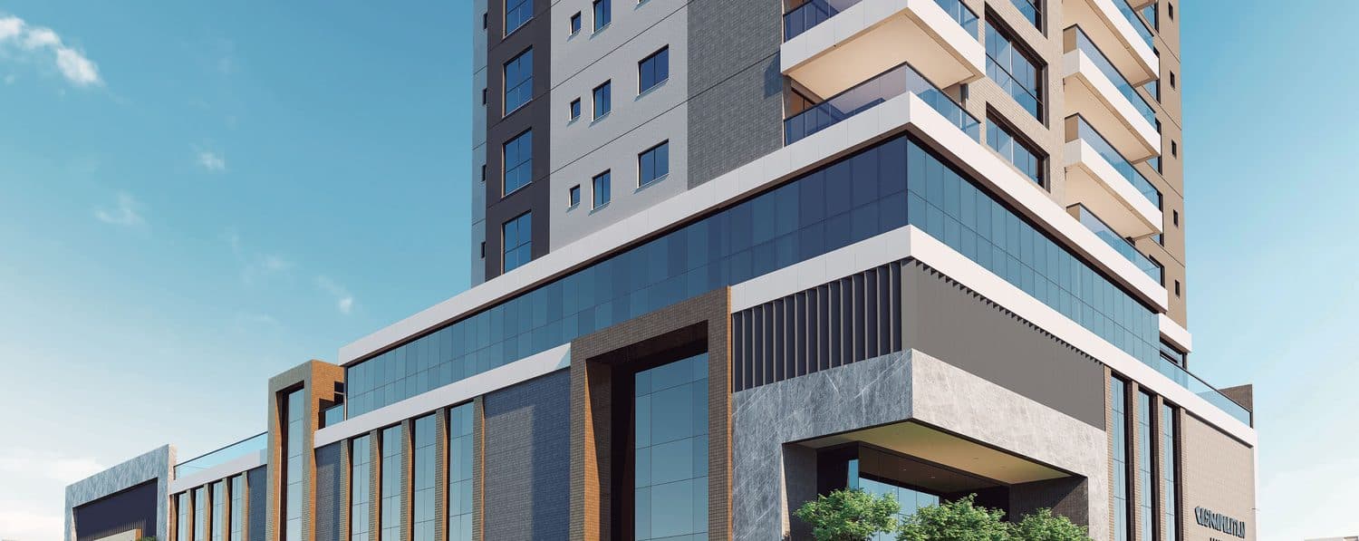 Fachada do Cosmopolitan Residence na esquina da Rua 290 com a Segunda Avenida, Meia Praia, Itapema