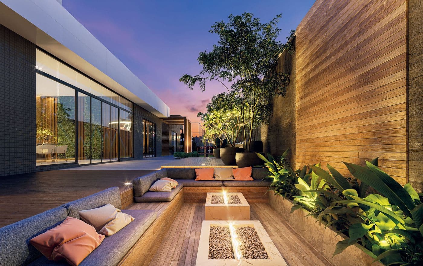 Lounge externo com fire place do Cosmopolitan Residence