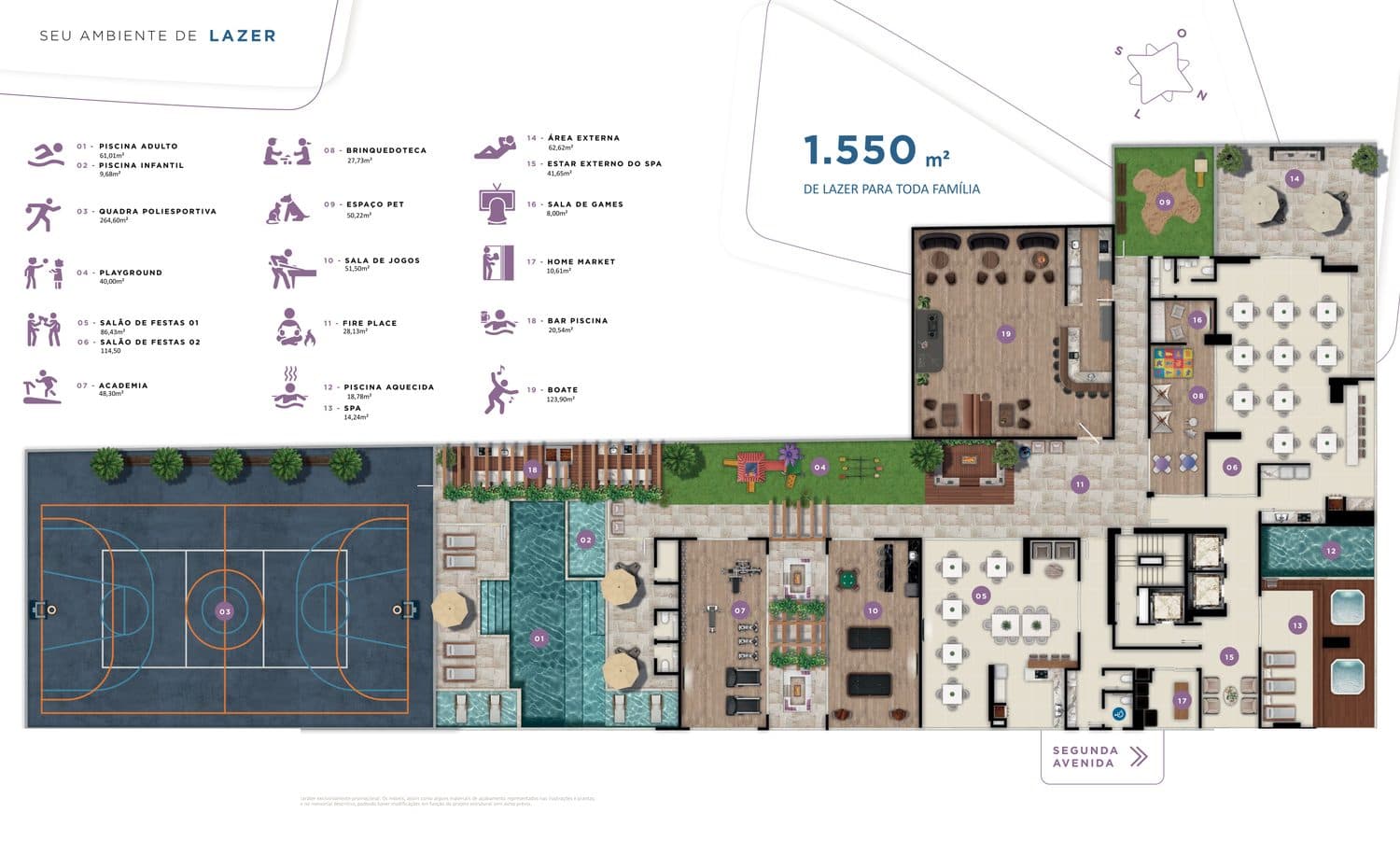 Planta da área de lazer de 1.550 m² do Cosmopolitan Residence, com quadra e piscinas