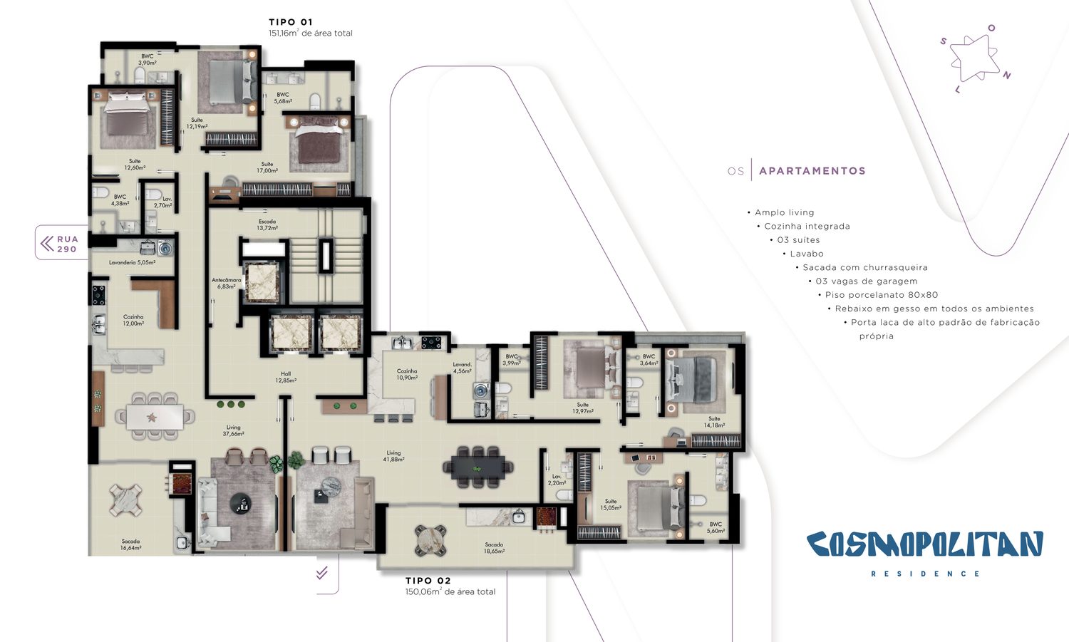 Planta do pavimento tipo do Cosmopolitan Residence, com apartamentos de 3 suítes