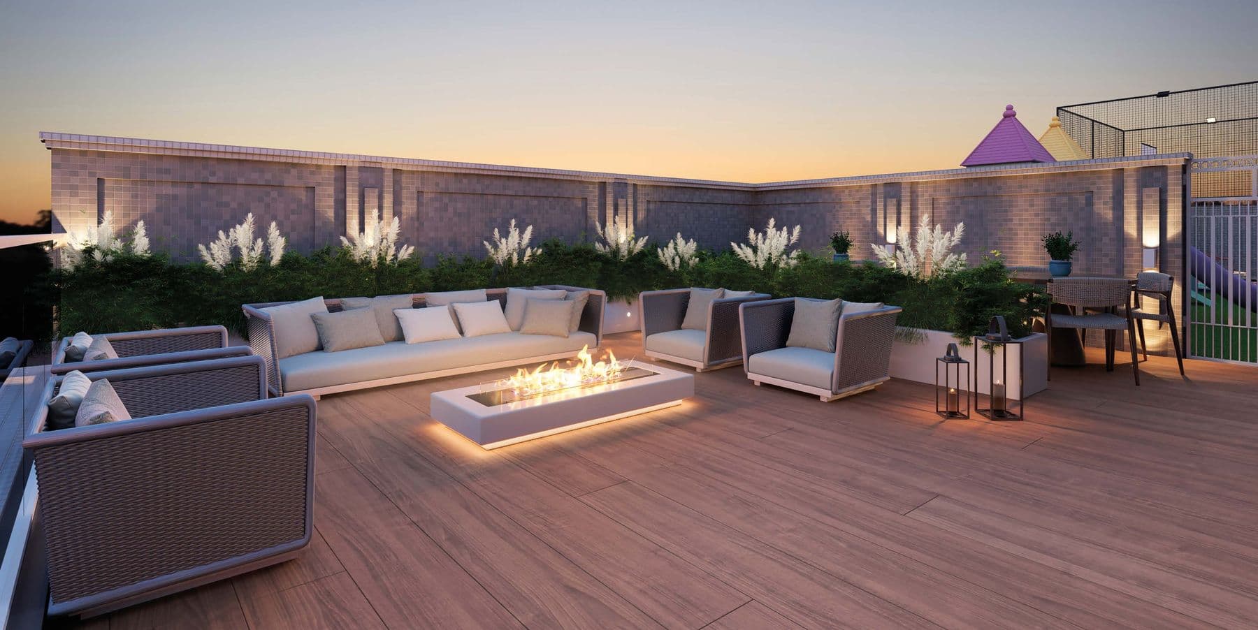 Praça de fogo com lounge do Diamante Residence, na Meia Praia, Itapema
