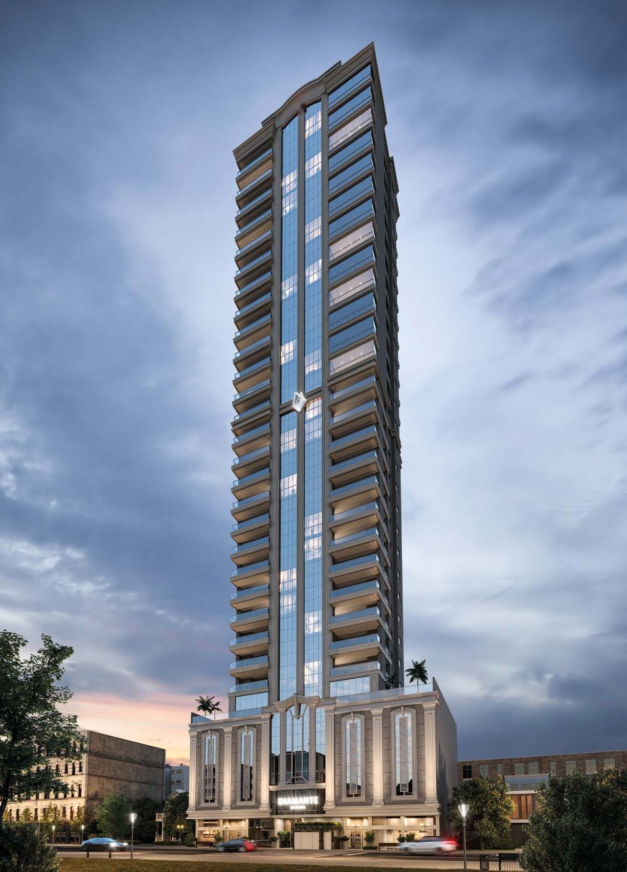Torre do Diamante Residence ao entardecer, na Meia Praia, em Itapema