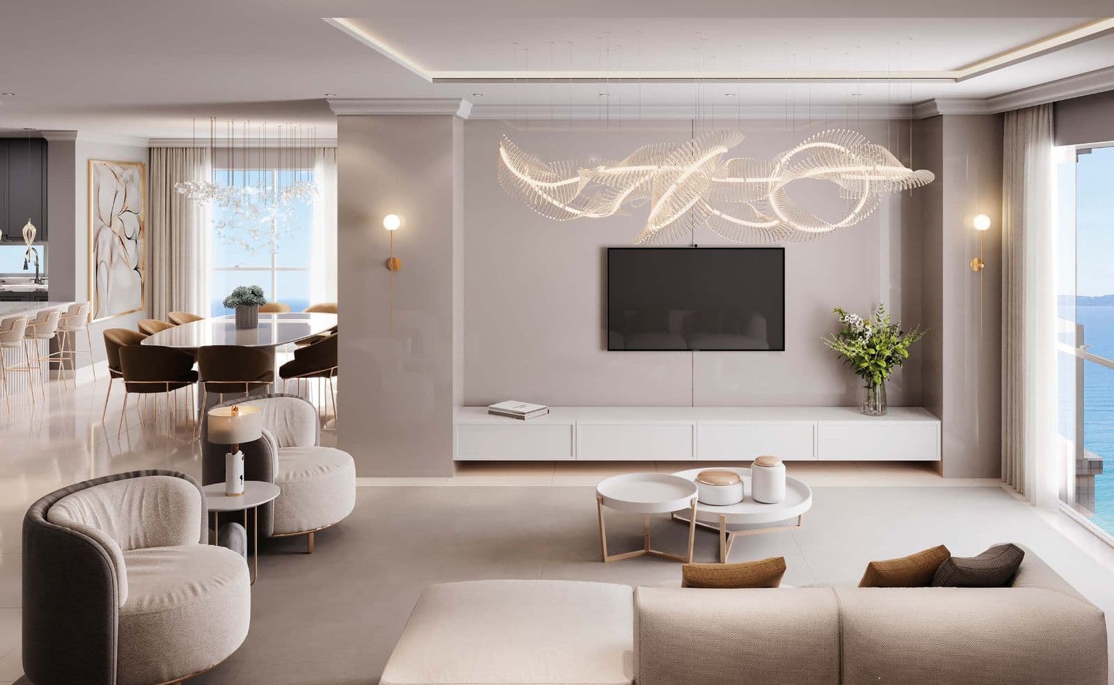 Living de 54,20 m² do penthouse do Diamante Residence, com vista para o mar de Itapema
