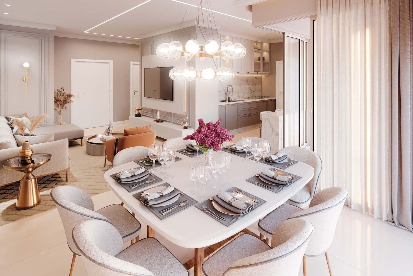 Living integrado com cozinha do apartamento tipo do Diamante Residence, na Meia Praia, Itapema