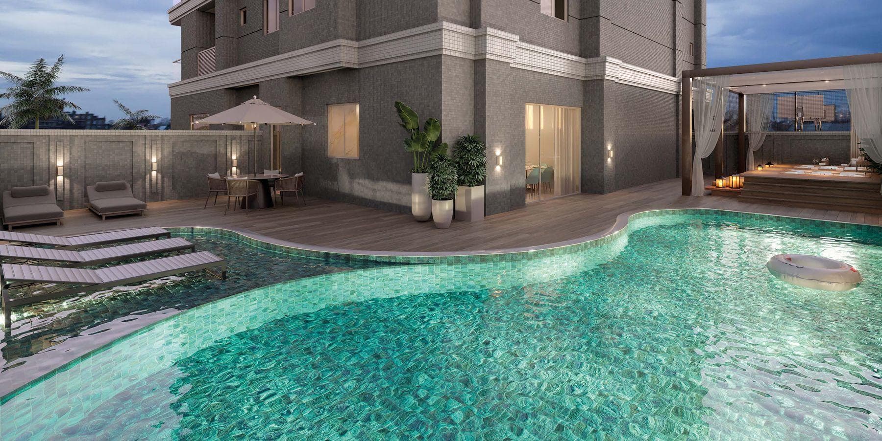 Piscina aquecida com prainha do Diamante Residence, na Meia Praia, Itapema