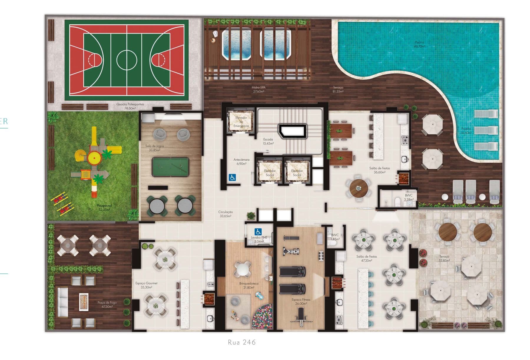 Planta humanizada do pavimento de lazer de 734 m² do Diamante Residence, em Itapema