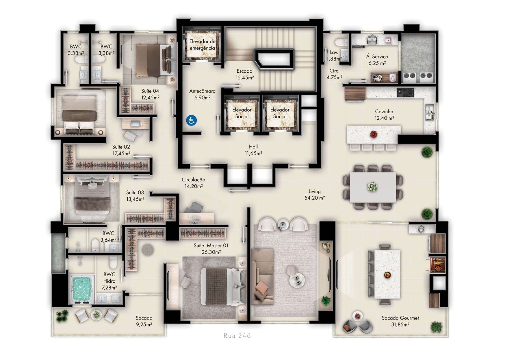 Planta humanizada do penthouse de 259 m² com 4 suítes do Diamante Residence, em Itapema