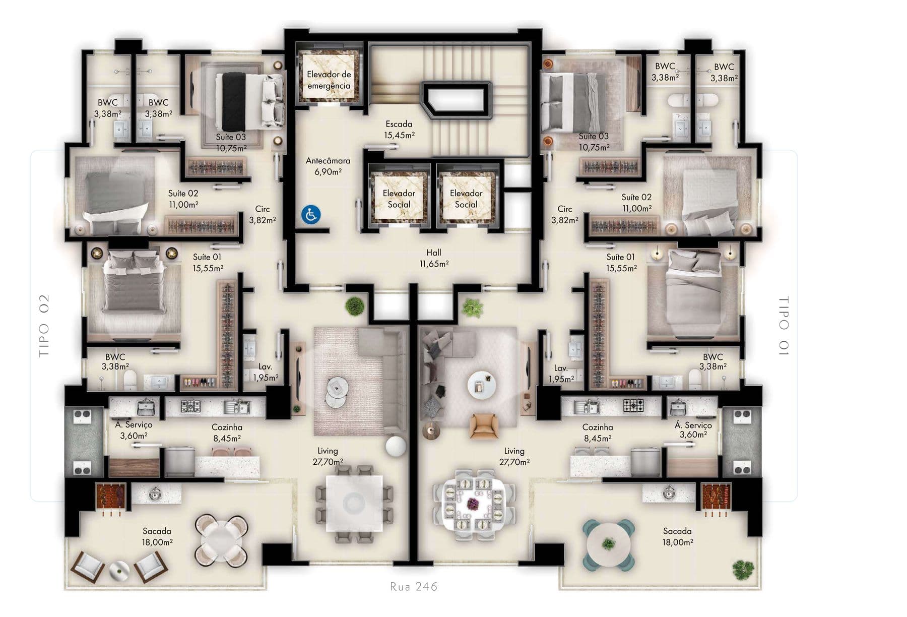 Planta humanizada do apartamento tipo de 130 m² com 3 suítes do Diamante Residence, na Meia Praia, Itapema