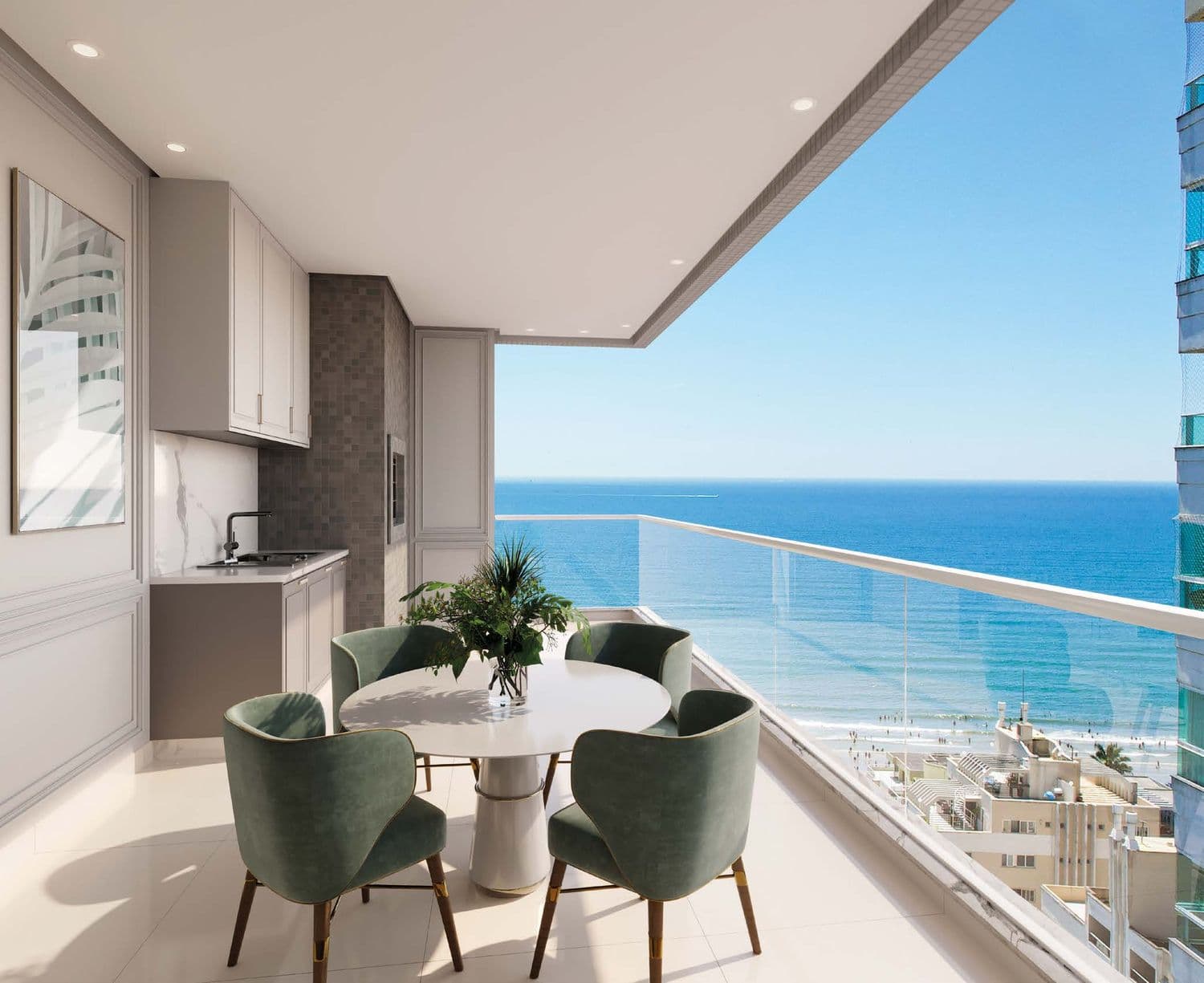 Sacada gourmet com vista para o mar de um apartamento do Diamante Residence, em Itapema